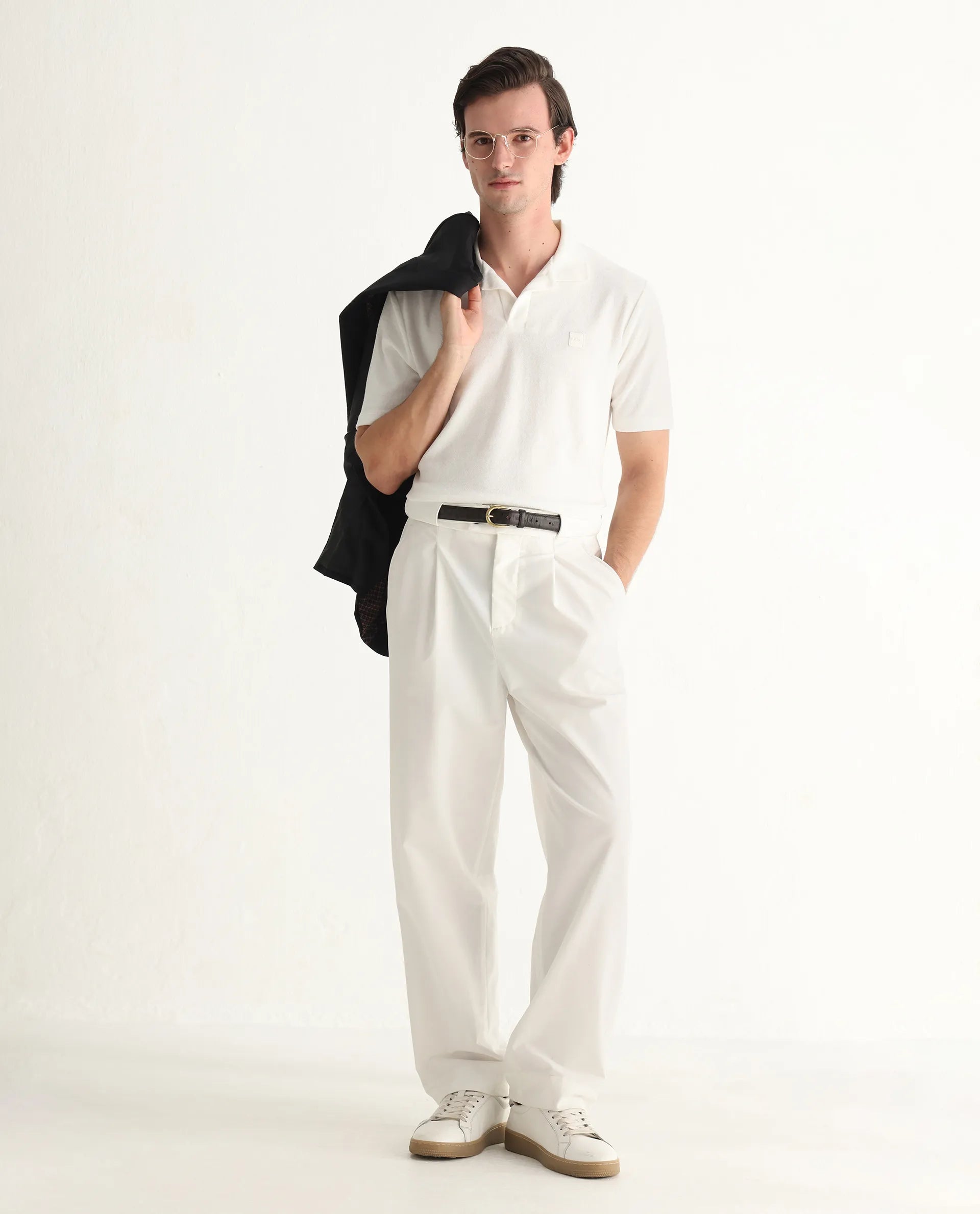 Rare Rabbit Men's Merk White Cotton Textured Regular Fit Half Sleeve Polo