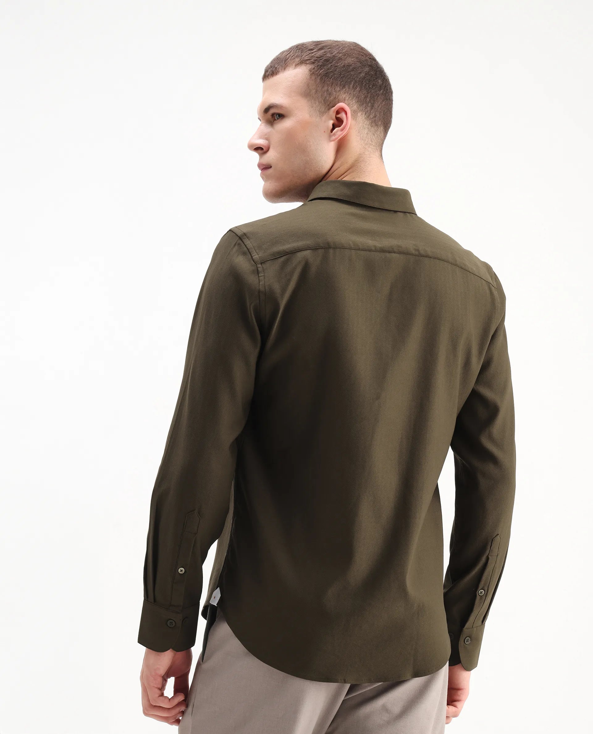 Rare Rabbit Men's Mero-25 Dark Olive Viscose Striped Print Regular Fit Full Sleeve Collared Shirt