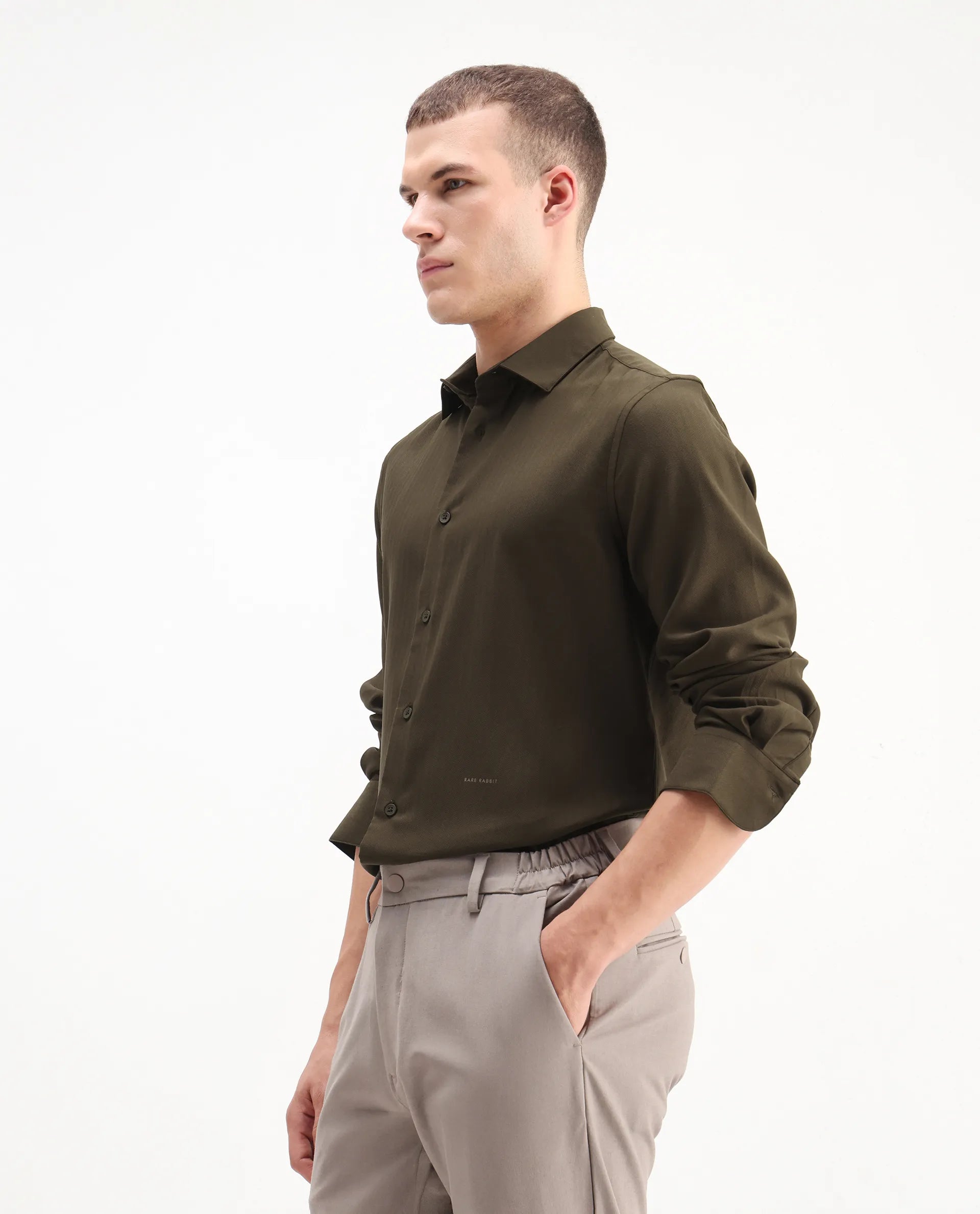 Rare Rabbit Men's Mero-25 Dark Olive Viscose Striped Print Regular Fit Full Sleeve Collared Shirt