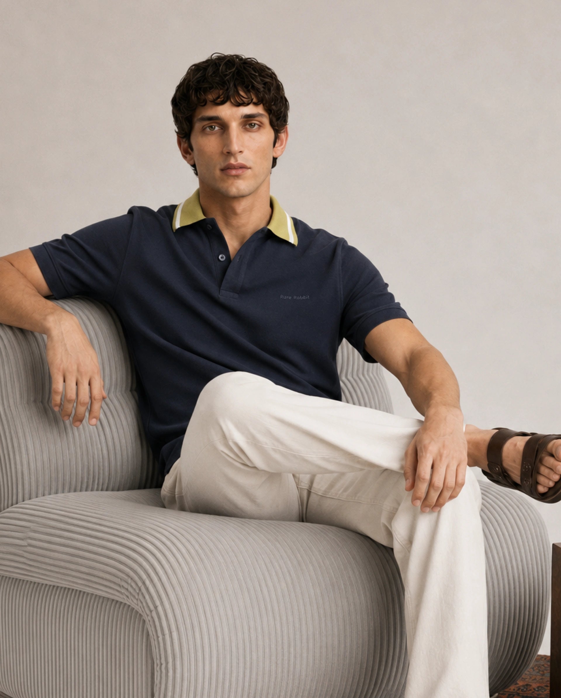 Rare Rabbit Men's Meson Navy Cotton Blend Spread Collar Regular Plain Polo