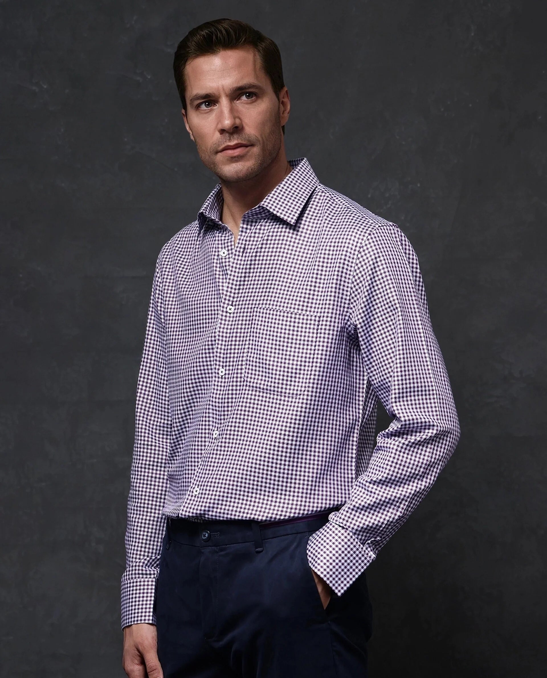 Rare Rabbit Men Mester Dark Purple Cotton Blend Fabric Full Sleeve Houndstooth Print Premium Business Regular Fit Shirt