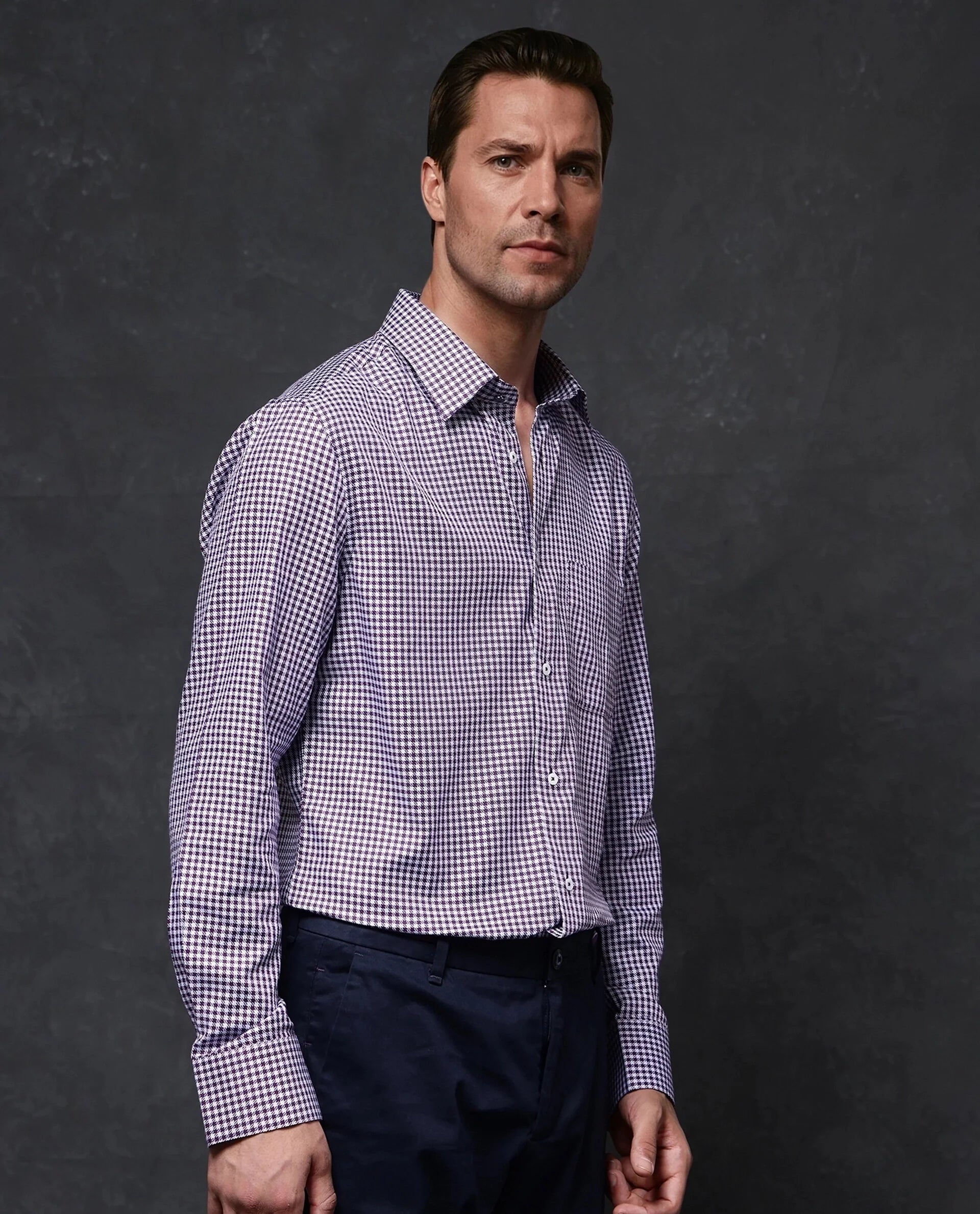 Rare Rabbit Men Mester Dark Purple Cotton Blend Fabric Full Sleeve Houndstooth Print Premium Business Regular Fit Shirt