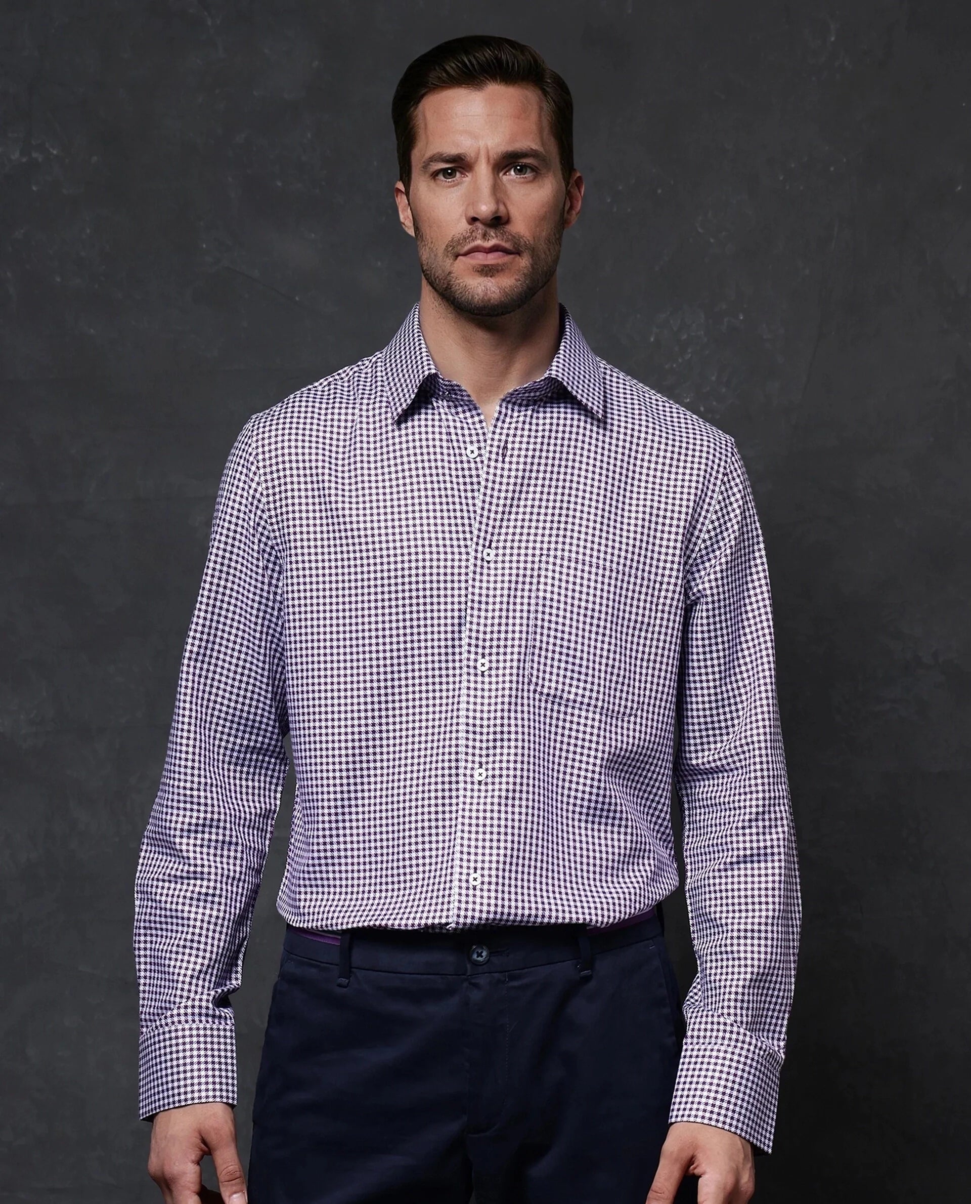 Rare Rabbit Men Mester Dark Purple Cotton Blend Fabric Full Sleeve Houndstooth Print Premium Business Regular Fit Shirt