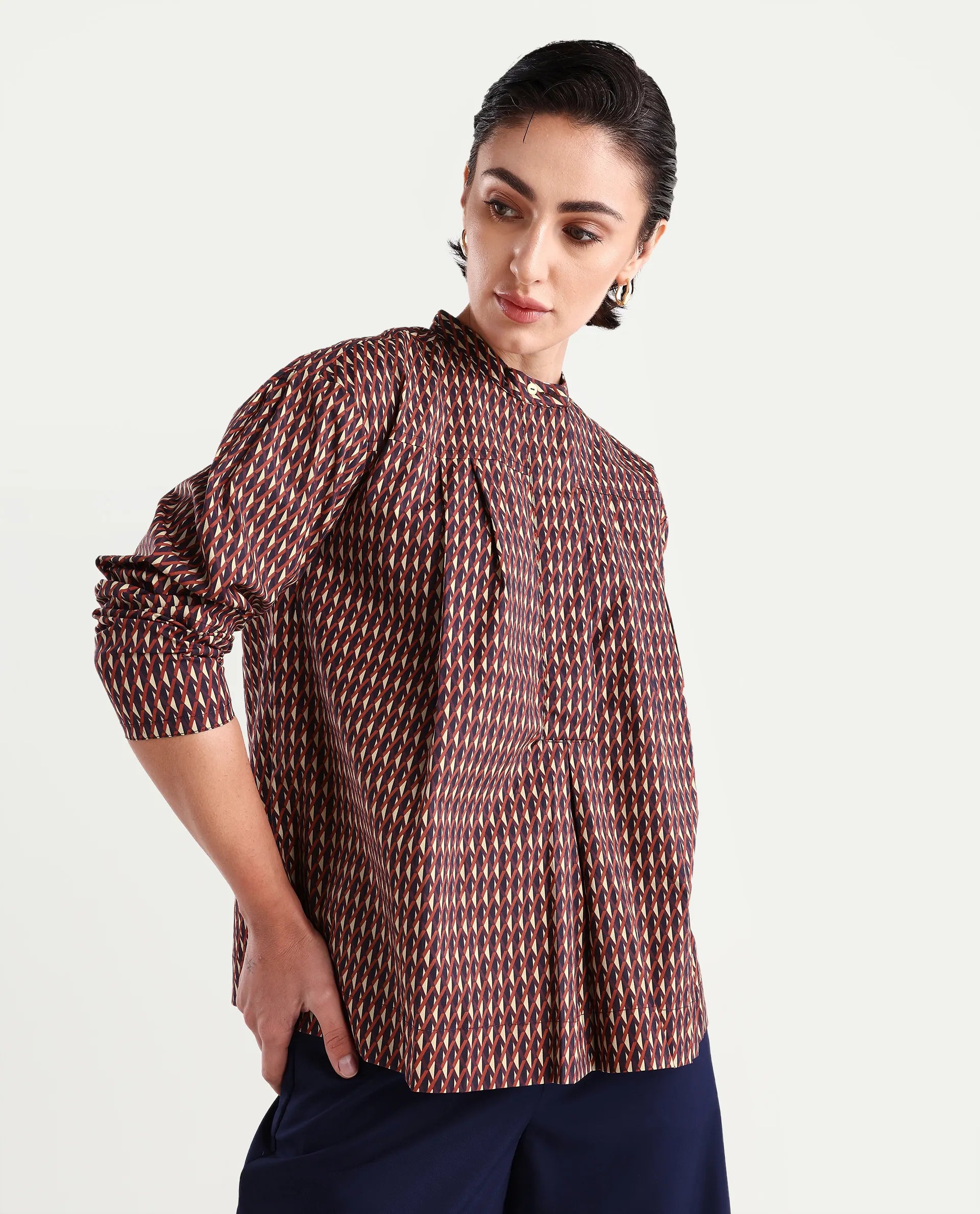 Rareism Women's Meteor Dark Multi Polyester Blend Mandarin Collar Geometric Print Relaxed Fit Top