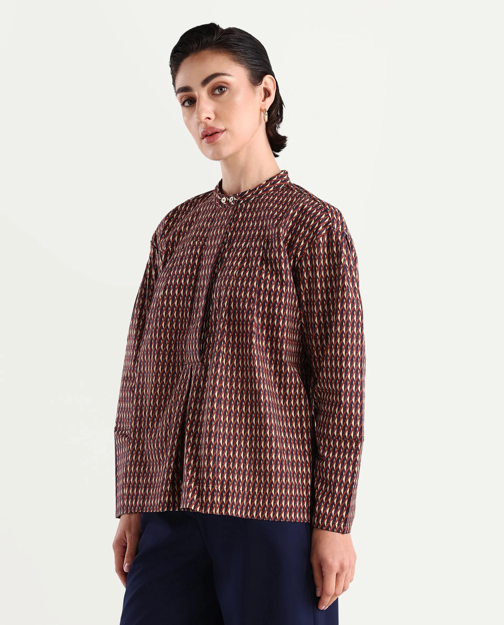 Rareism Women's Meteor Dark Multi Polyester Blend Mandarin Collar Geometric Print Relaxed Fit Top