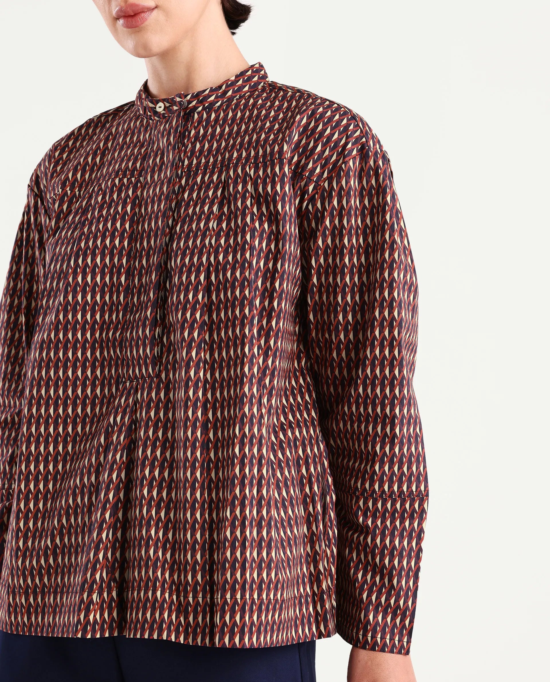 Rareism Women's Meteor Dark Multi Polyester Blend Mandarin Collar Geometric Print Relaxed Fit Top