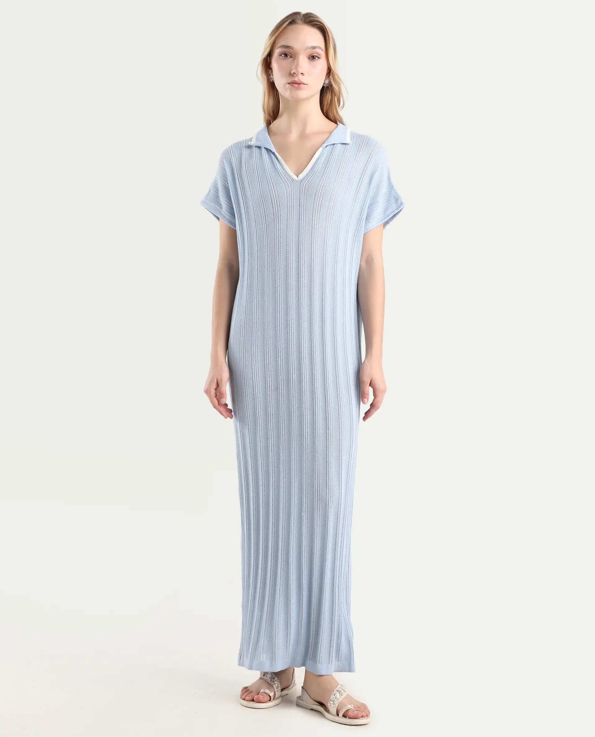 Rareism Women's Meyora Light Blue Cotton Johnny Collar Plain Extended Sleeves Maxi Bodycon Dress