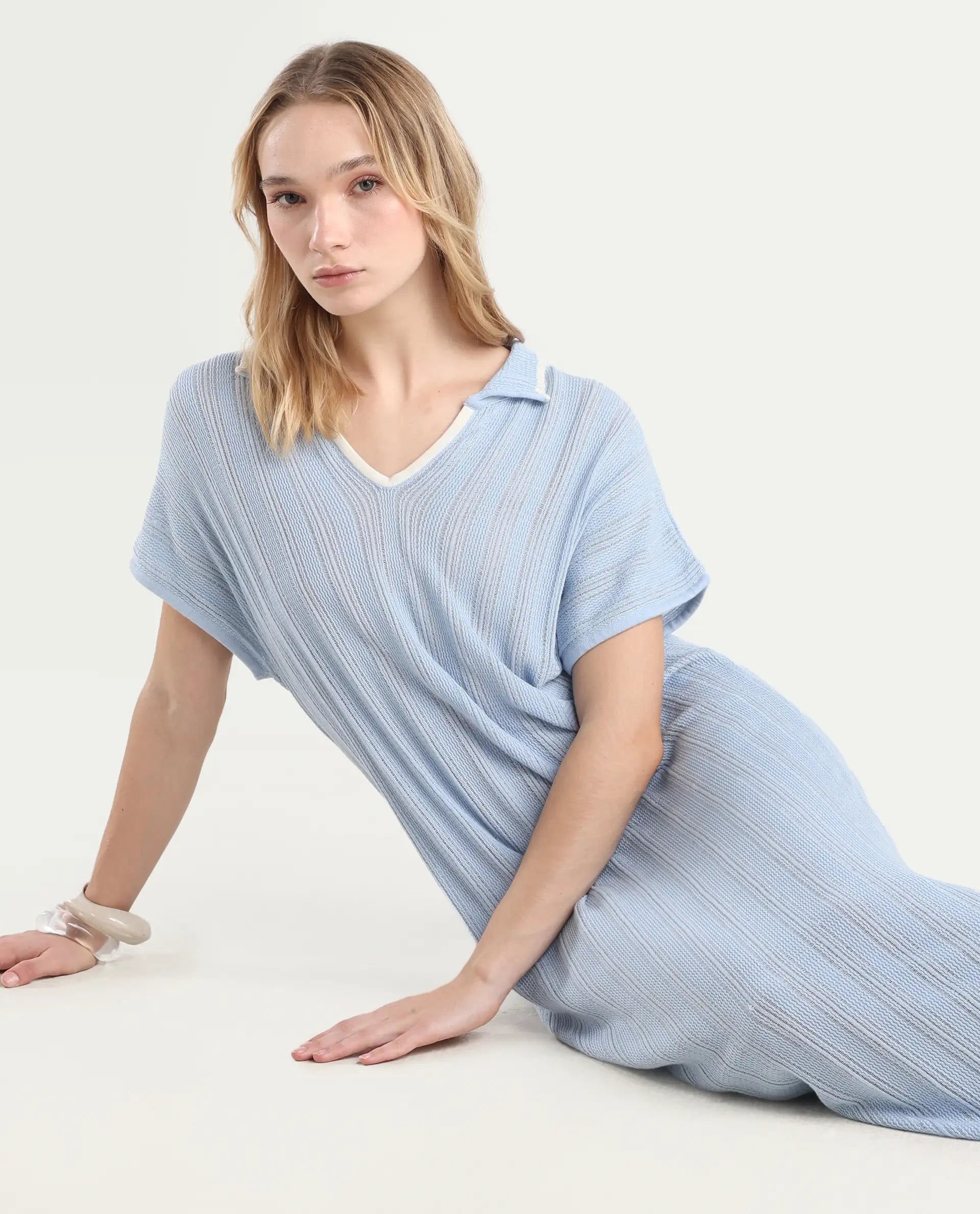 Rareism Women's Meyora Light Blue Cotton Johnny Collar Plain Extended Sleeves Maxi Bodycon Dress