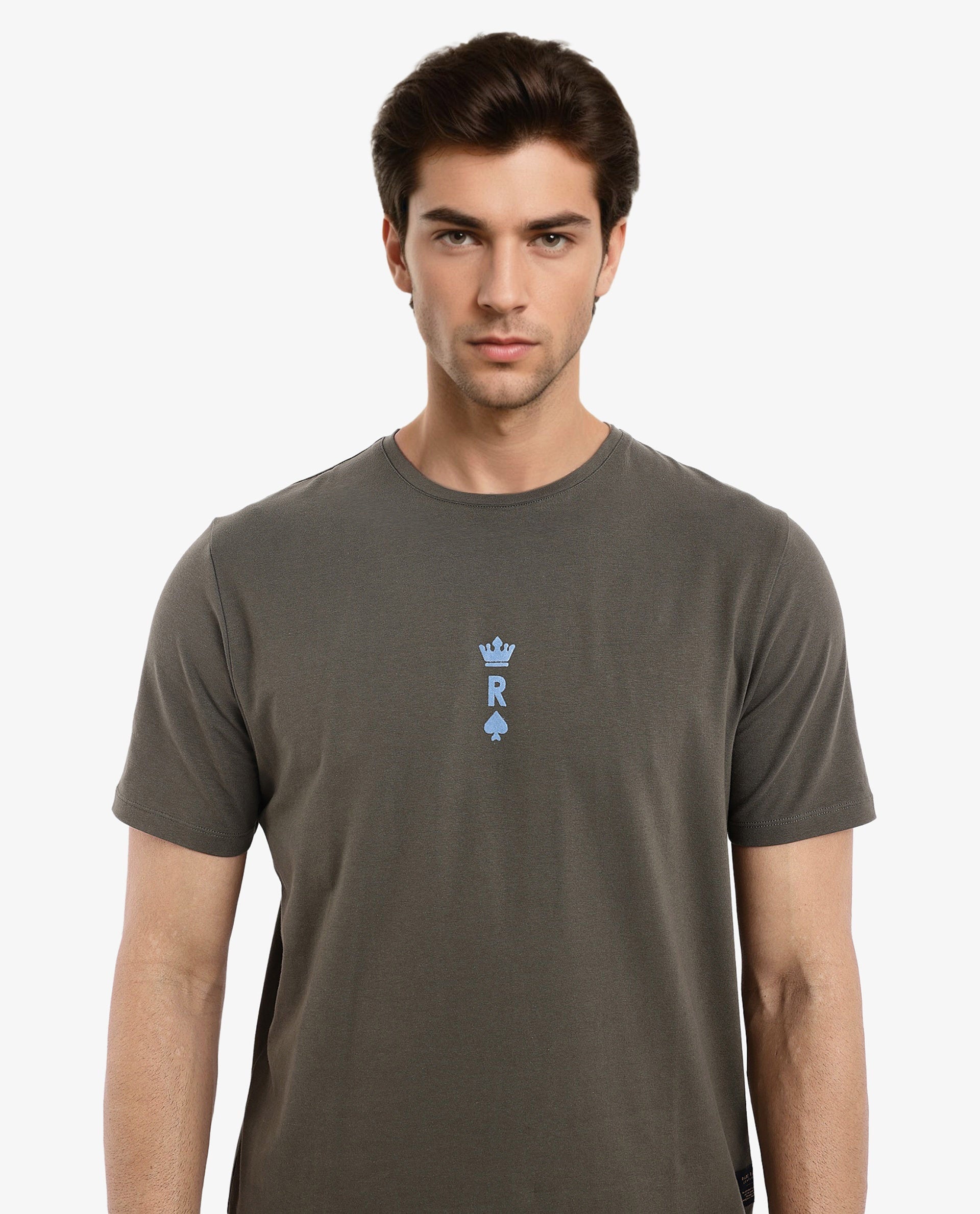 Rare Rabbit Men Miam Olive Cotton Lycra Fabric Short Sleeve Crew Neck Regular Fit Flock Printed Crown T-Shirt