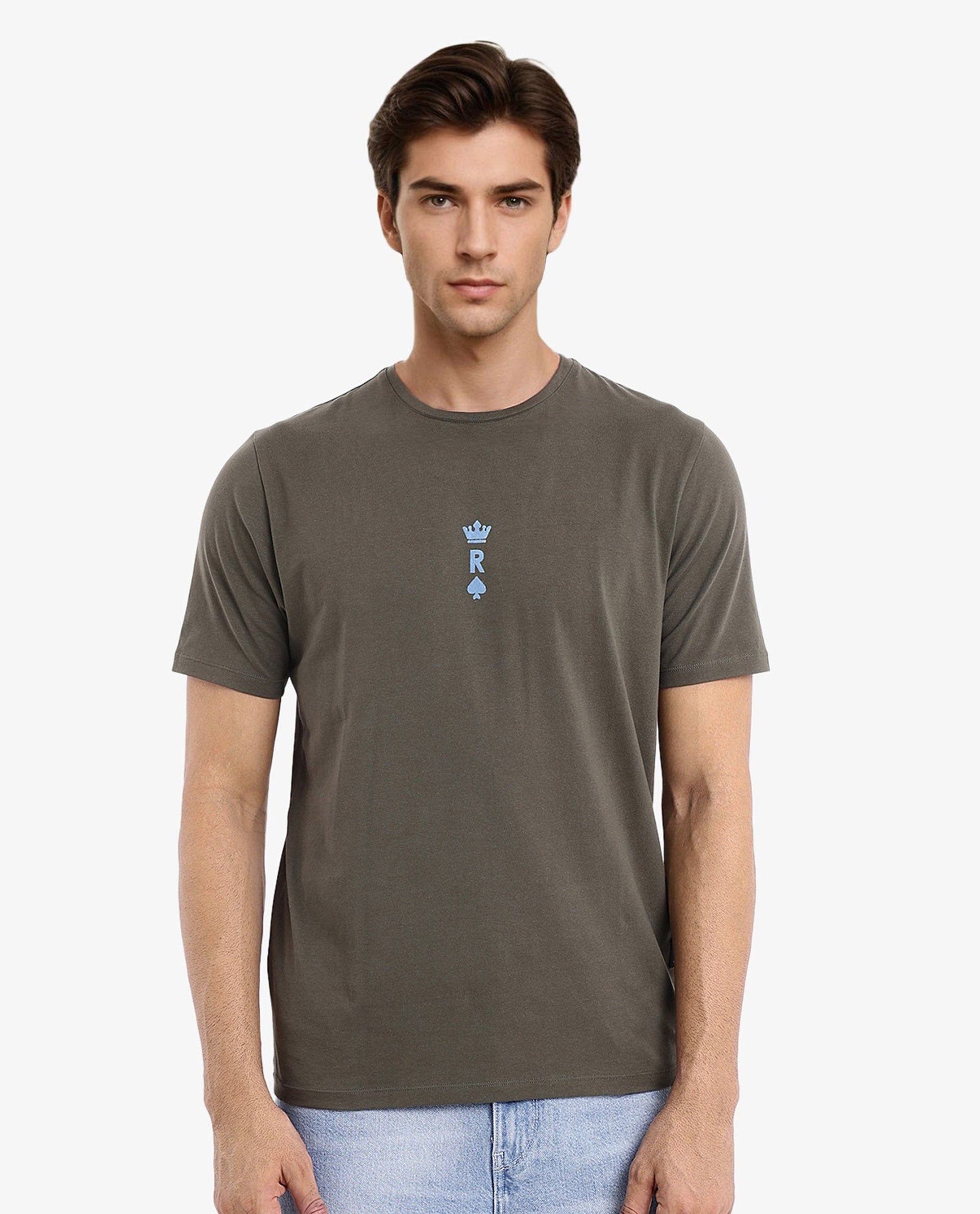 Rare Rabbit Men Miam Olive Cotton Lycra Fabric Short Sleeve Crew Neck Regular Fit Flock Printed Crown T-Shirt