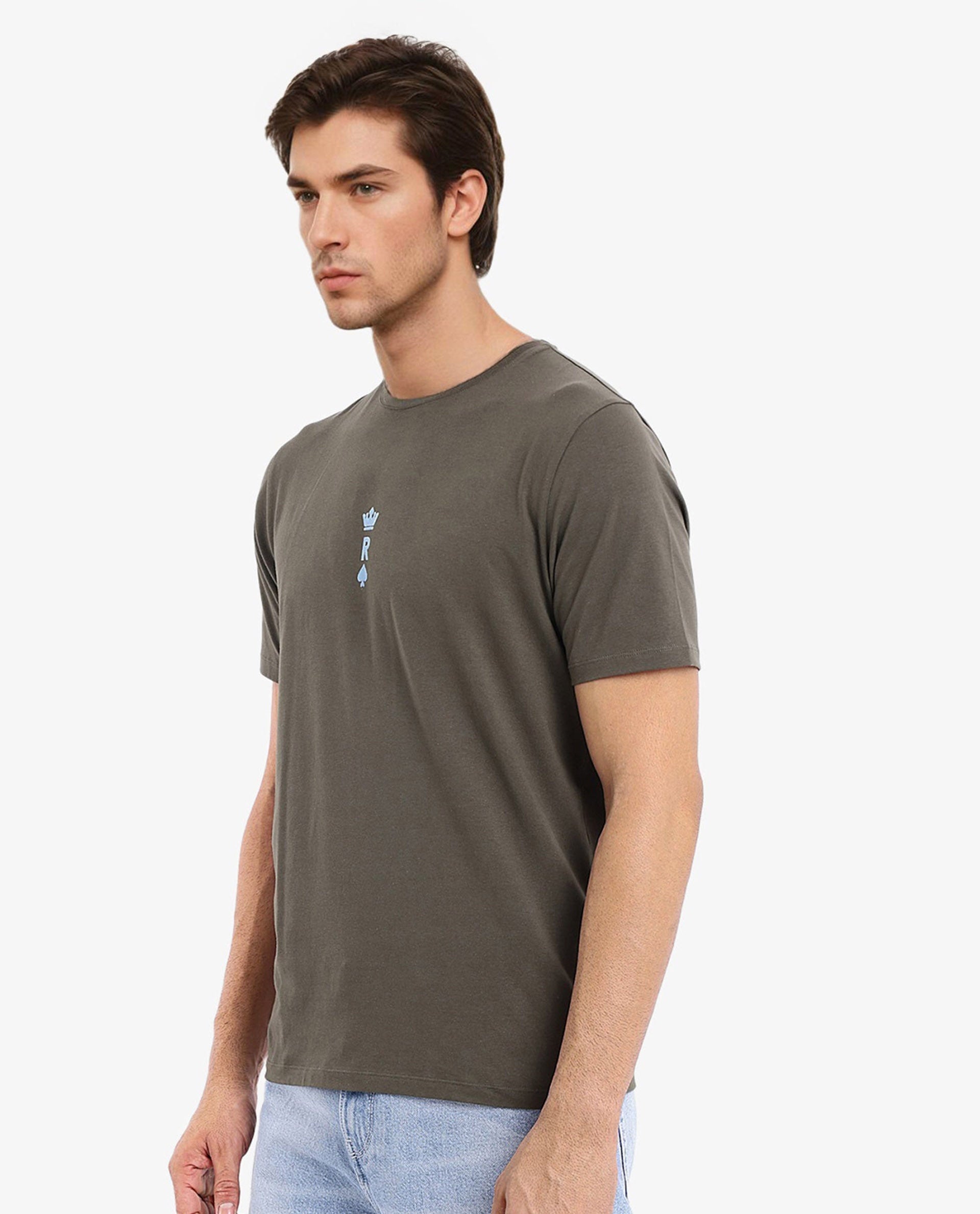 Rare Rabbit Men Miam Olive Cotton Lycra Fabric Short Sleeve Crew Neck Regular Fit Flock Printed Crown T-Shirt