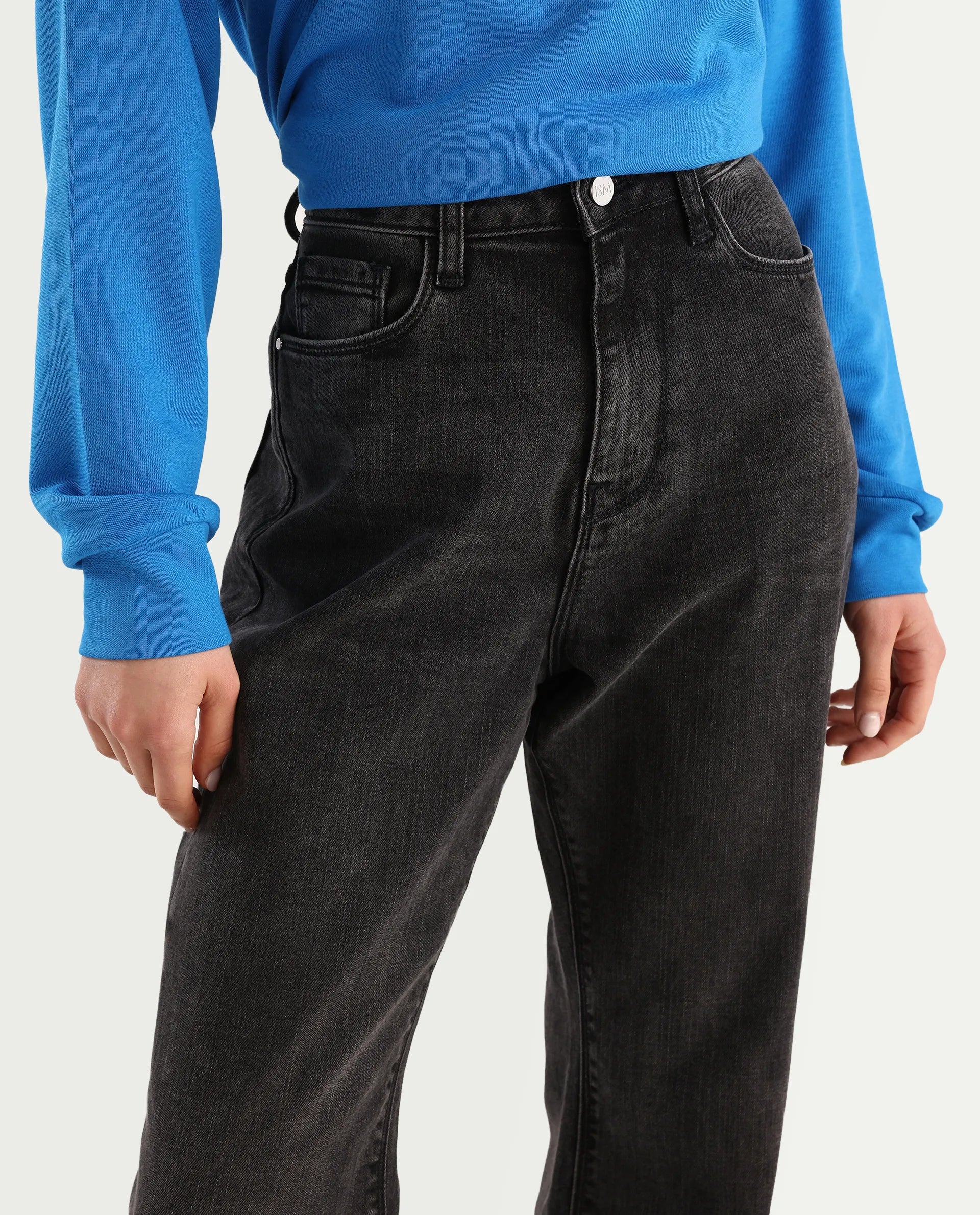 Rareism Women's Mica Black Cotton Blend Plain Ankle Length Bootcut Jeans