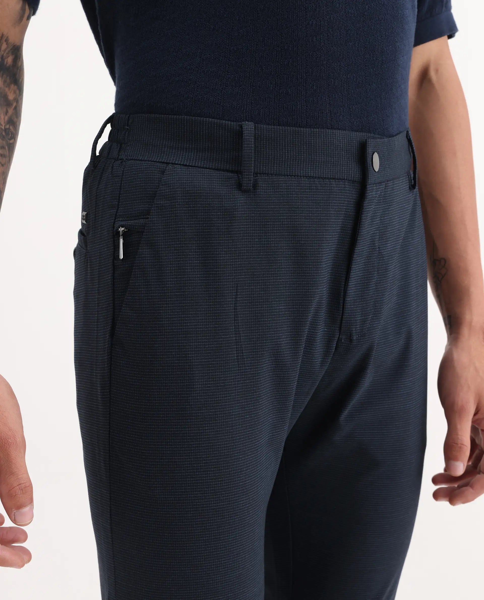 Rare Rabbit Men's Microl Navy Polyester Checked Print Regular Fit Trouser