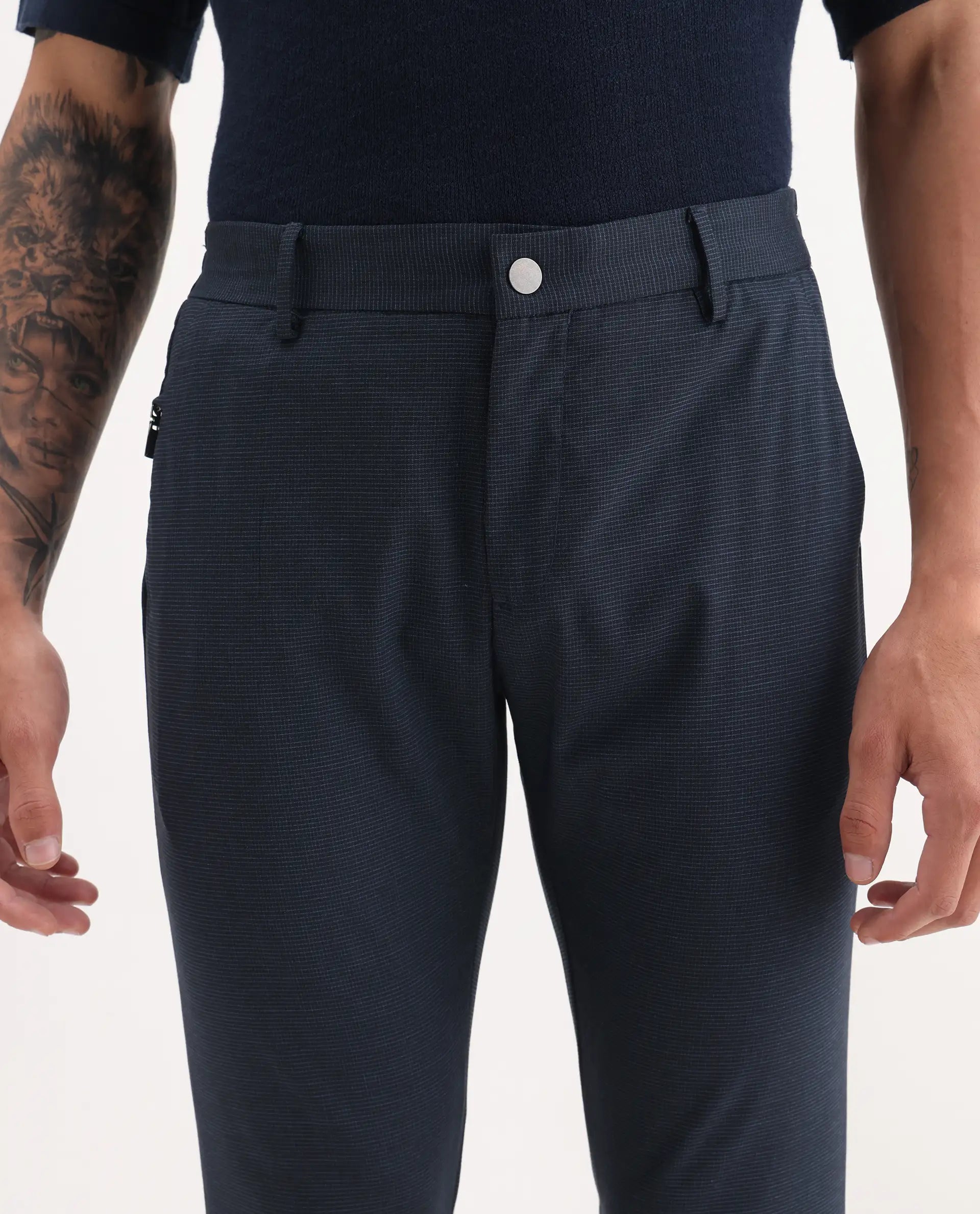 Rare Rabbit Men's Microl Navy Polyester Checked Print Regular Fit Trouser