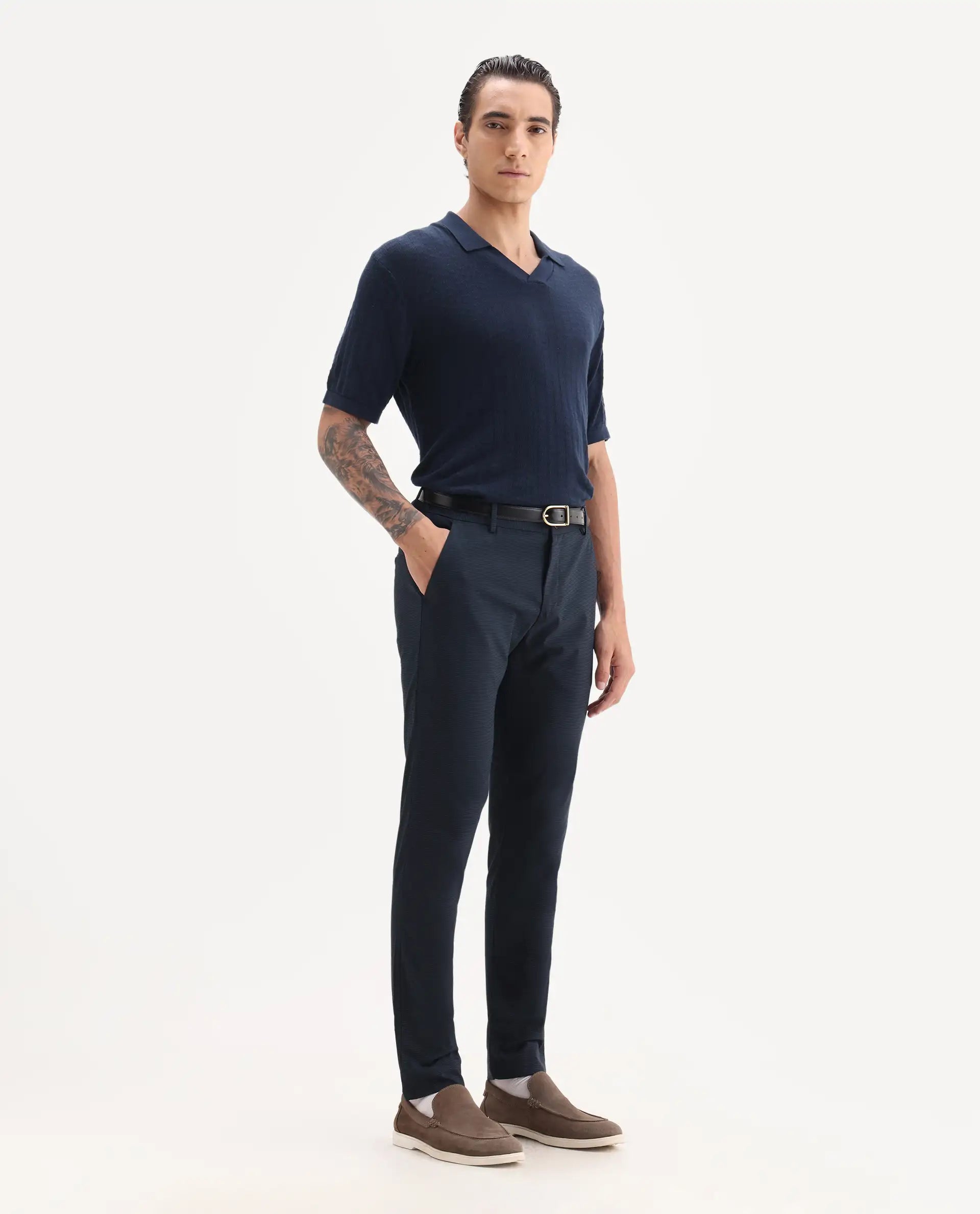 Rare Rabbit Men's Microl Navy Polyester Checked Print Regular Fit Trouser