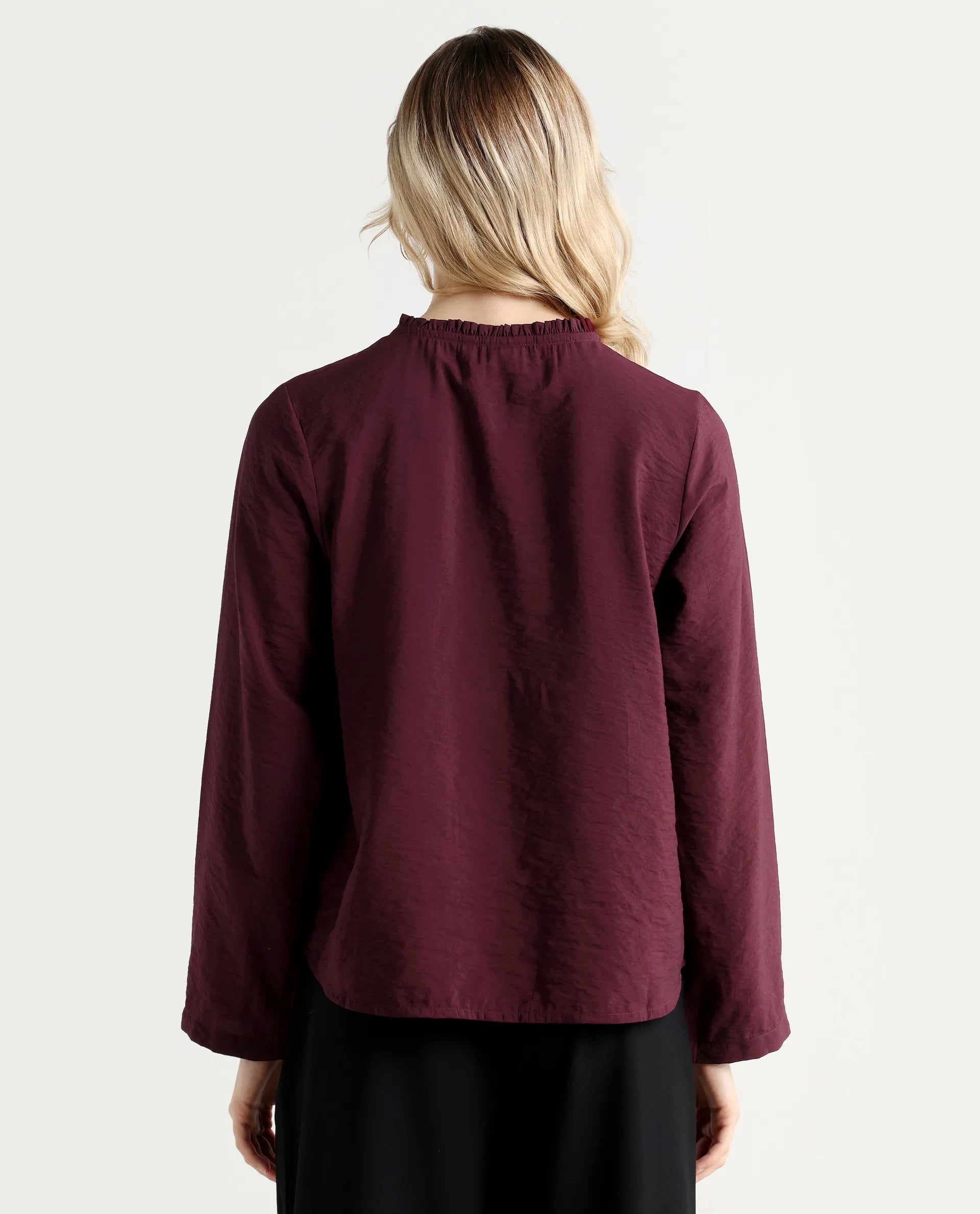 Rareism Women's Mili Maroon Nylon Blend Sweetheart Neck Plain Ruffled Sleeve Regular Fit Top
