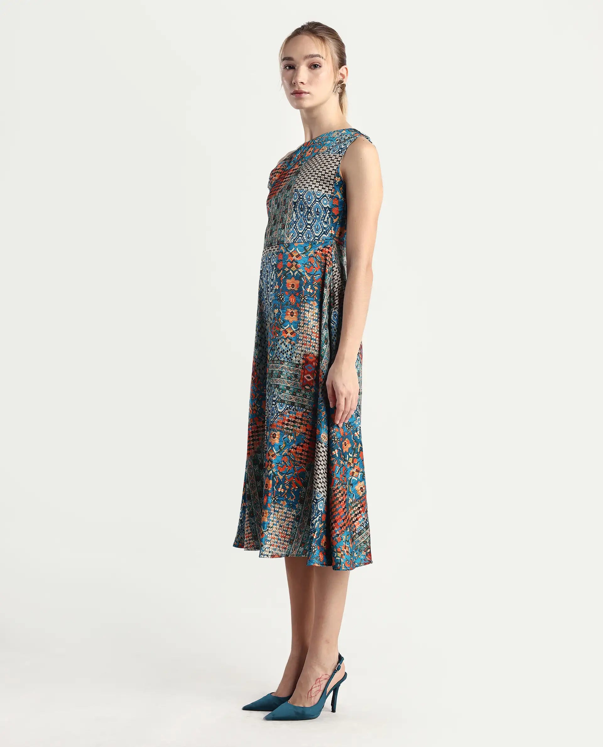 Rareism Women's Minican Multi Satin Asymmetric Neck Abstract Print Tie Up Sleeve Midi Asymmetric Dress