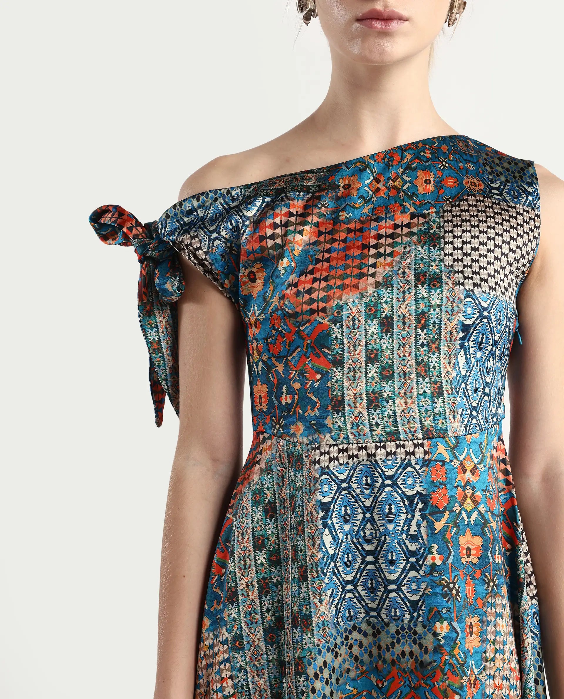 Rareism Women's Minican Multi Satin Asymmetric Neck Abstract Print Tie Up Sleeve Midi Asymmetric Dress