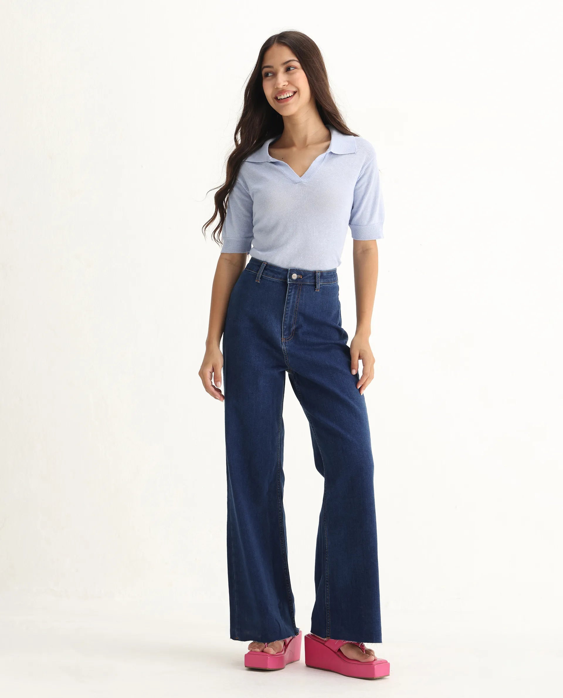 Rareism Women's Miniko Dark Blue Cotton Blend Plain Ankle Length Effortless Wide Jeans