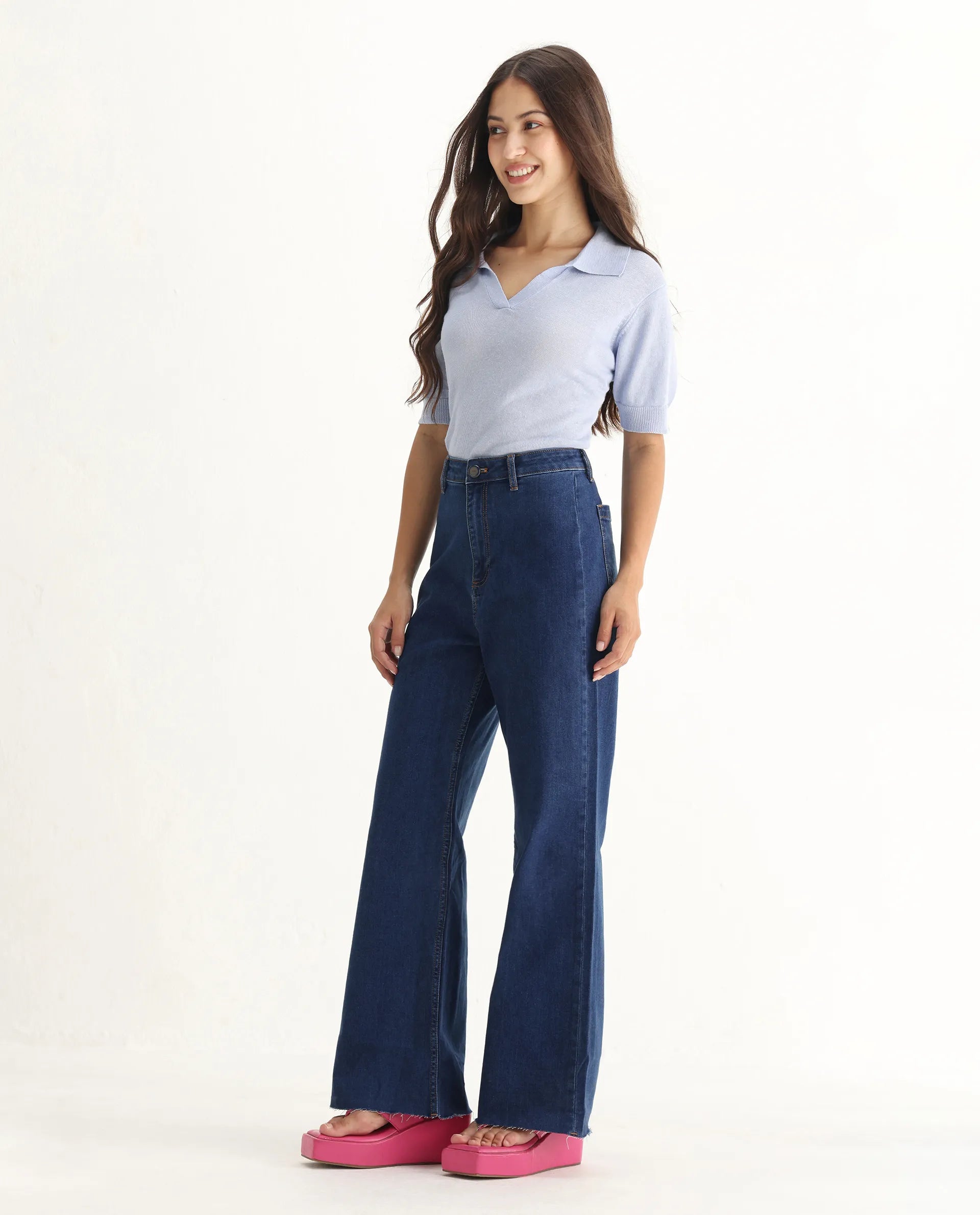 Rareism Women's Miniko Dark Blue Cotton Blend Plain Ankle Length Effortless Wide Jeans