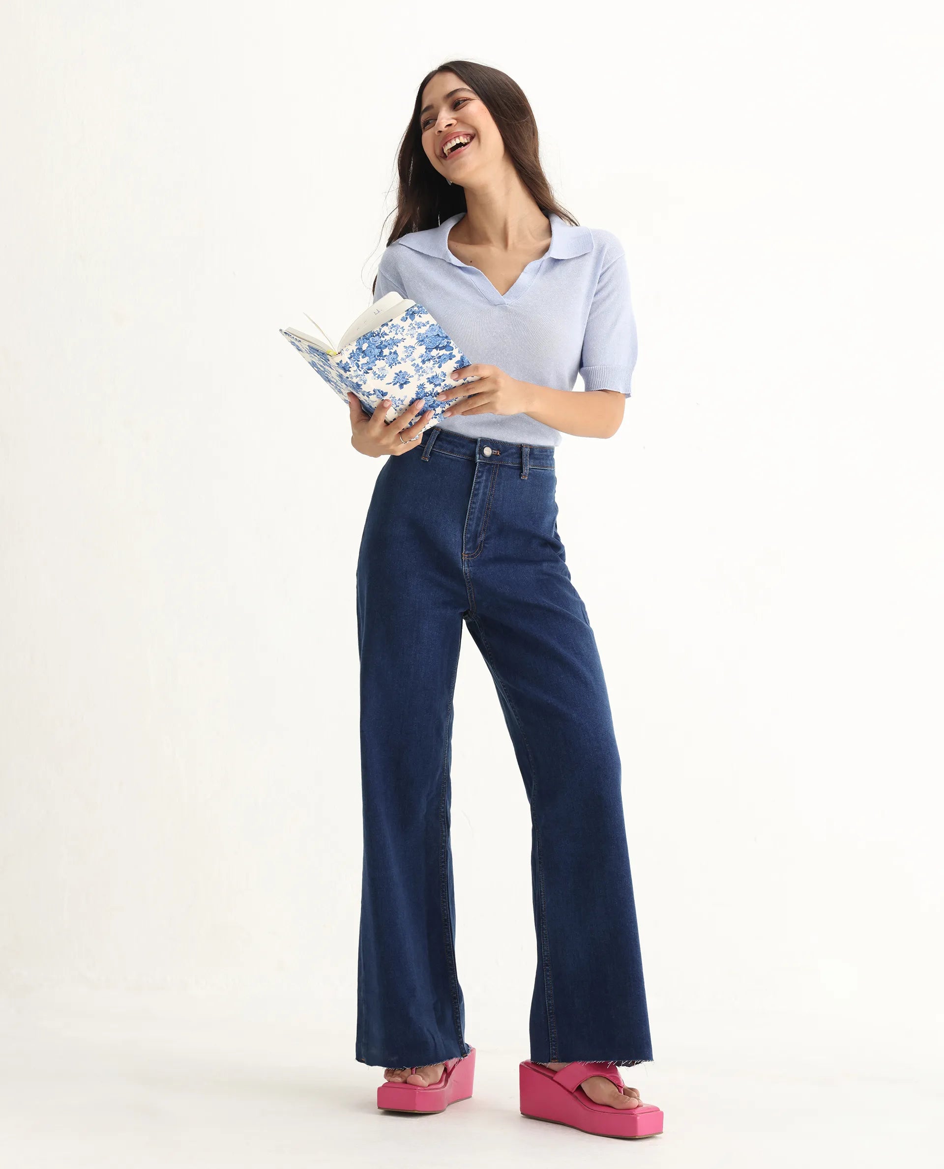 Rareism Women's Miniko Dark Blue Cotton Blend Plain Ankle Length Effortless Wide Jeans