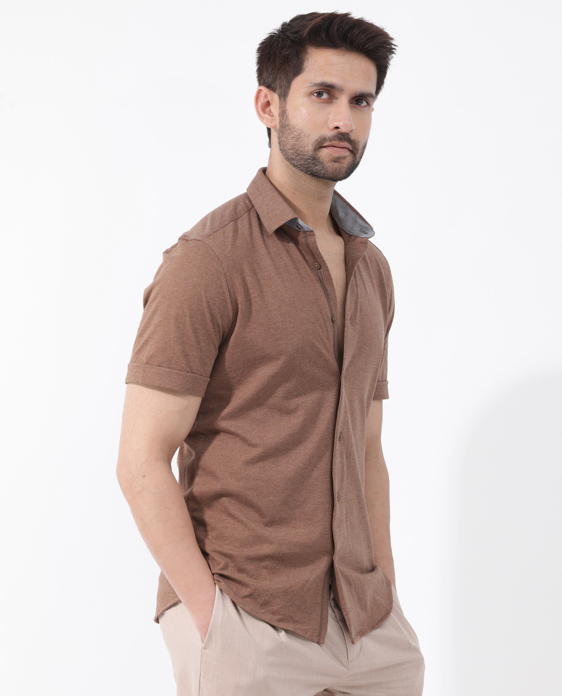 Rare Rabbit Men's Miraje Brown Cotton Fabric Half Sleeves Solid Melange Shirt