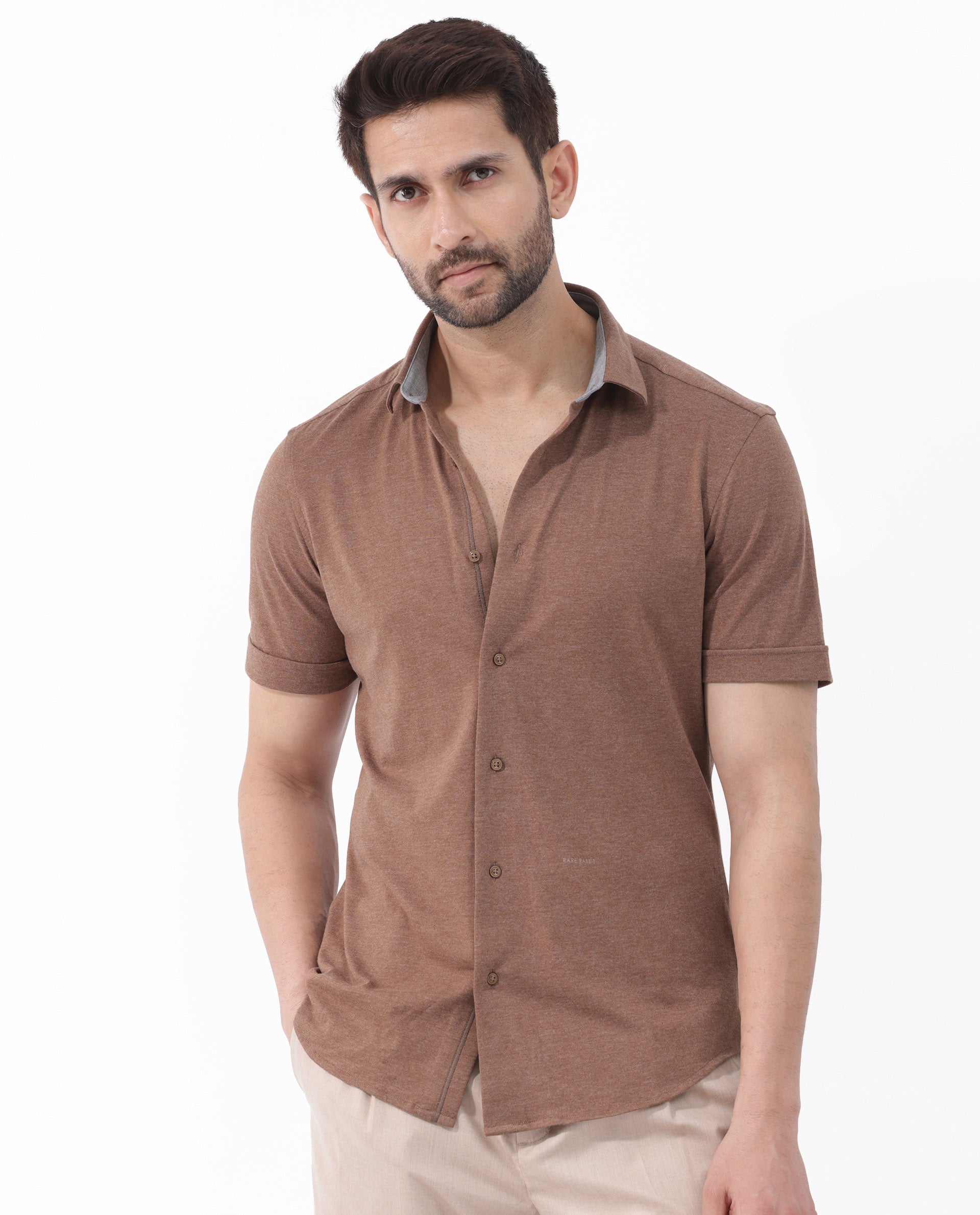 Rare Rabbit Men's Miraje Brown Cotton Fabric Half Sleeves Solid Melange Shirt
