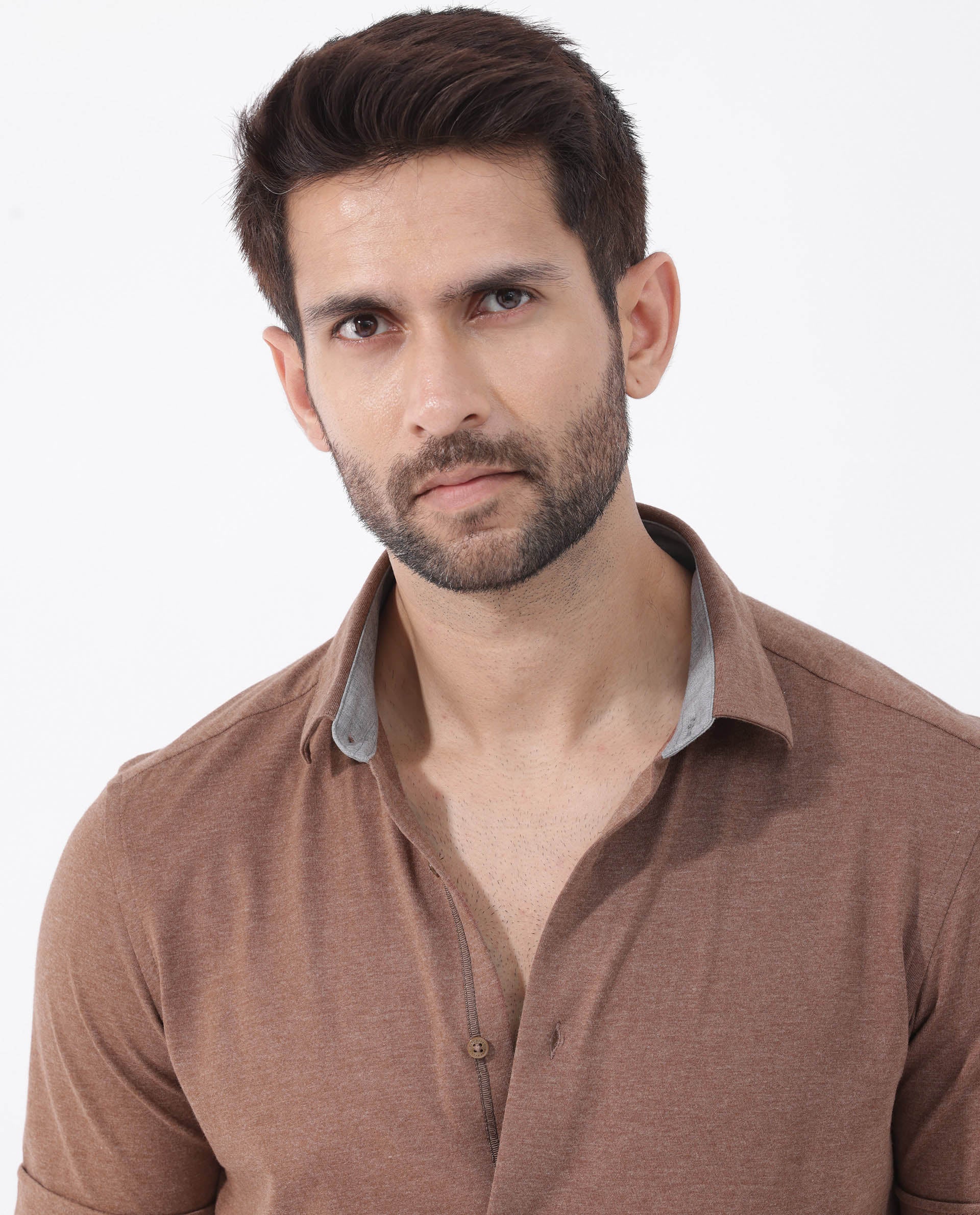 Rare Rabbit Men's Miraje Brown Cotton Fabric Half Sleeves Solid Melange Shirt