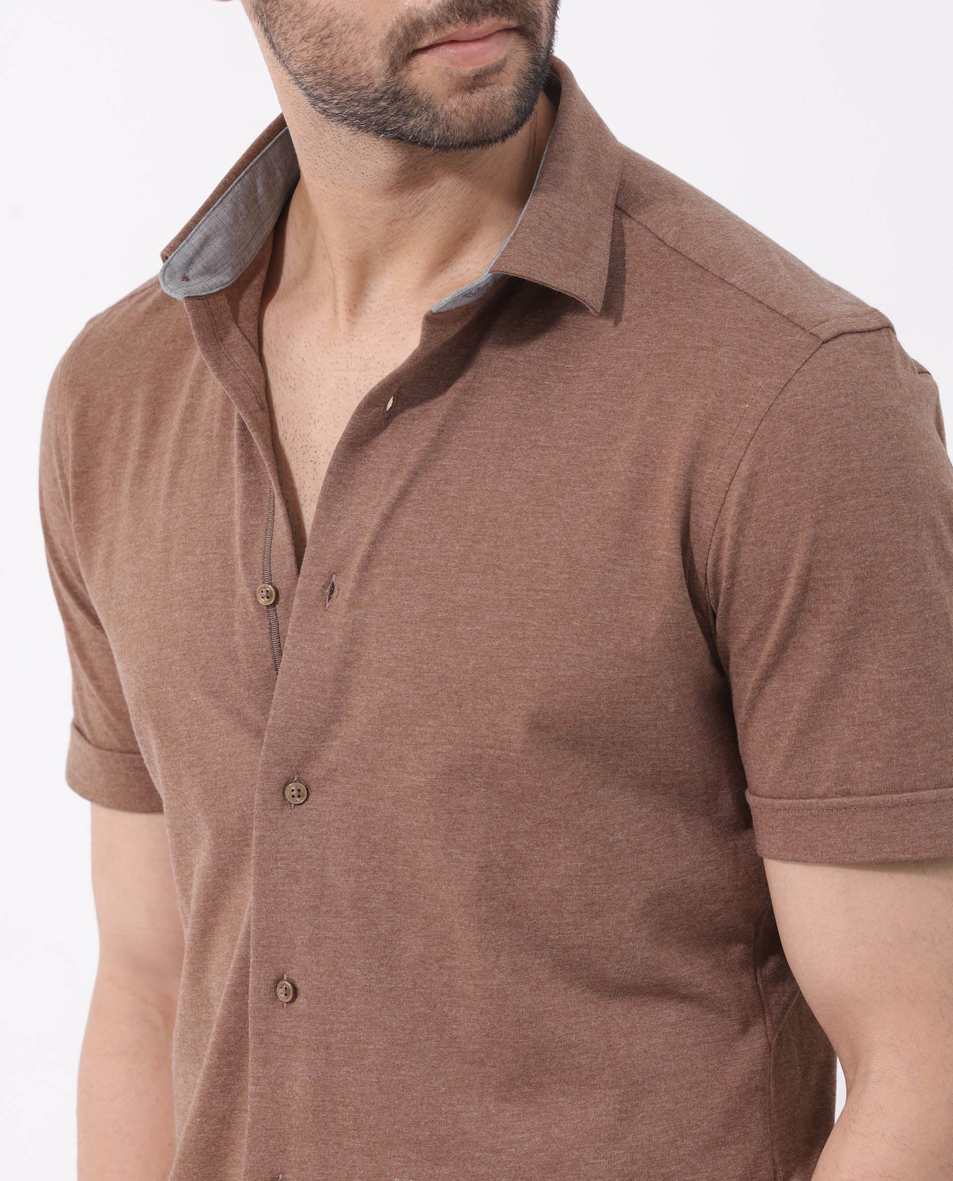 Rare Rabbit Men's Miraje Brown Cotton Fabric Half Sleeves Solid Melange Shirt