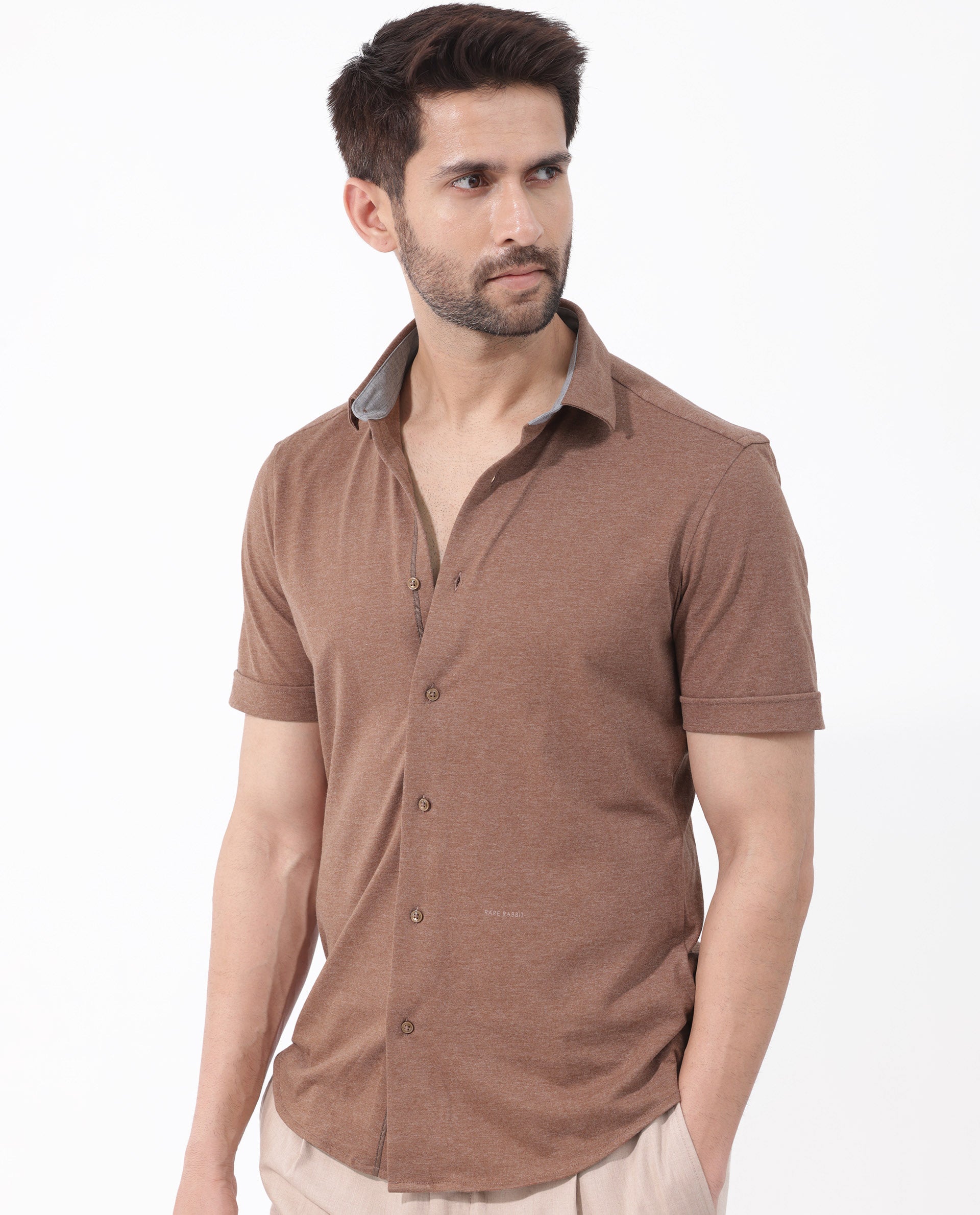 Rare Rabbit Men's Miraje Brown Cotton Fabric Half Sleeves Solid Melange Shirt