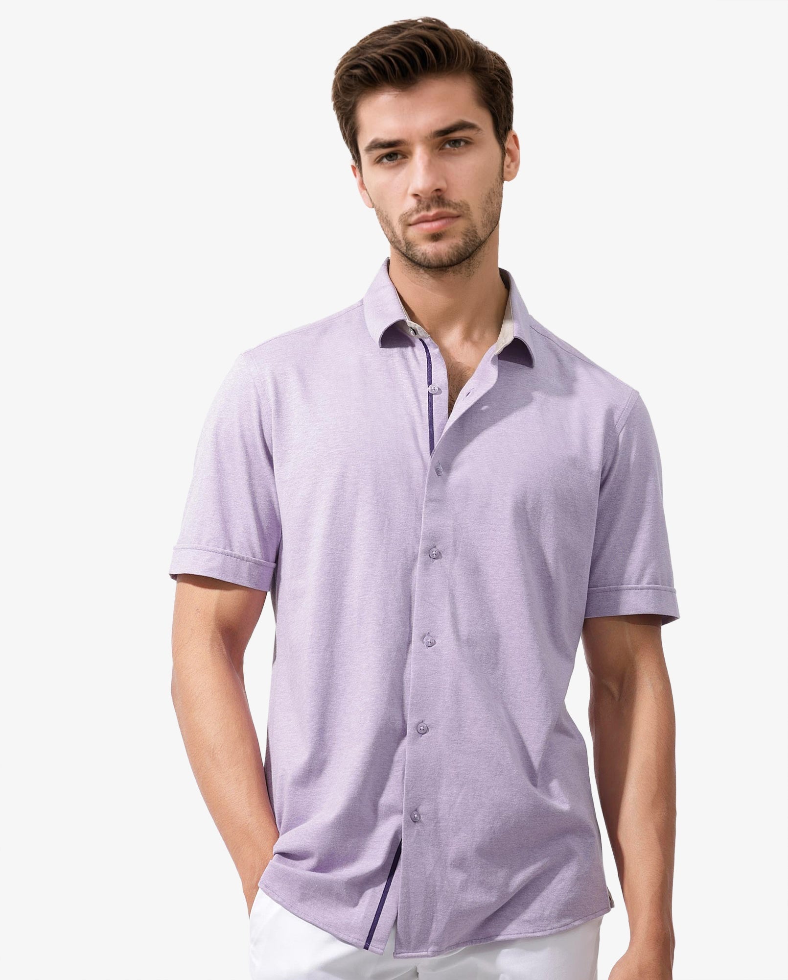 Rare Rabbit Men's Miraje Pastel Purple Cotton Fabric Half Sleeves Solid Melange Shirt