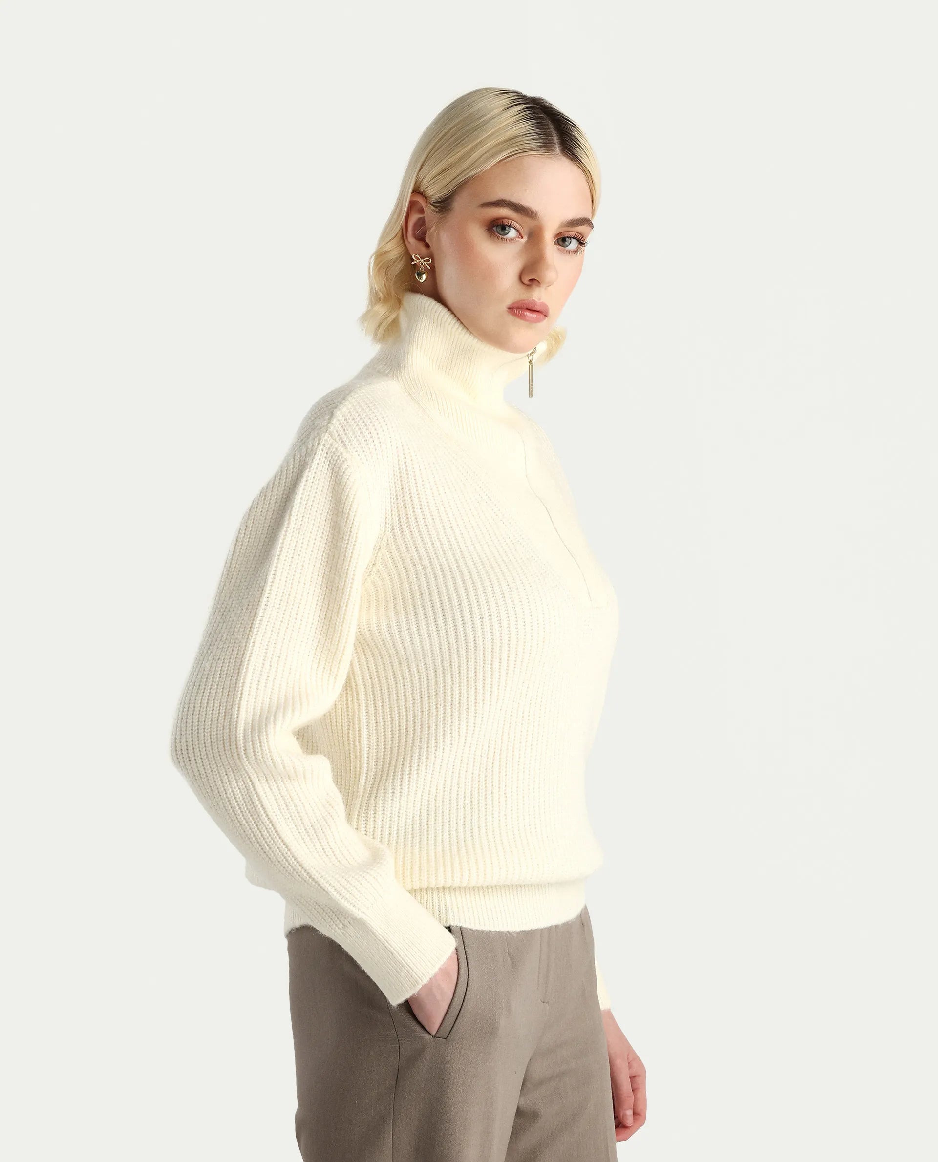 Rareism Women's Miris Off White Acrylic Blend High Neck Relaxed Fit Sweater