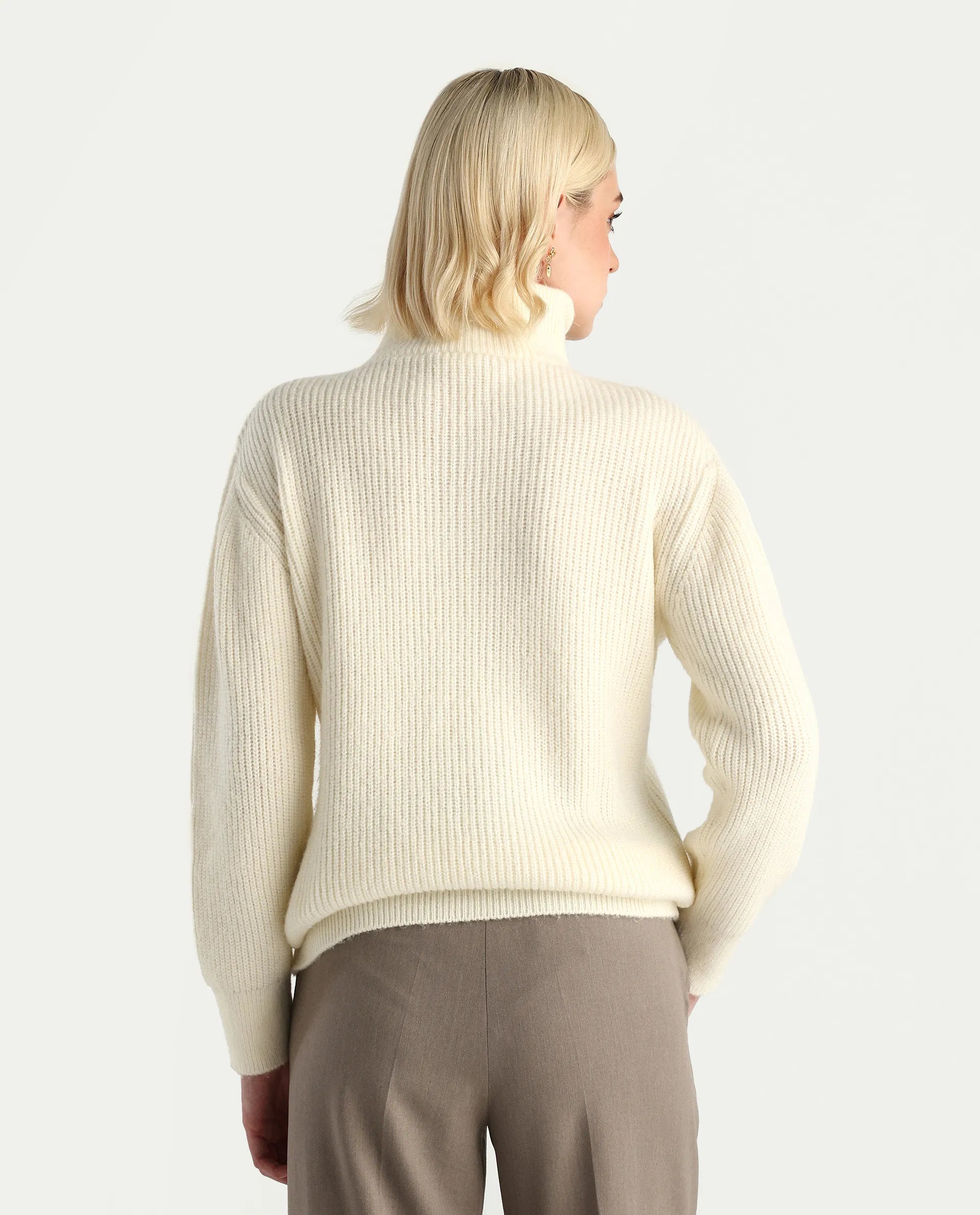 Rareism Women's Miris Off White Acrylic Blend High Neck Relaxed Fit Sweater