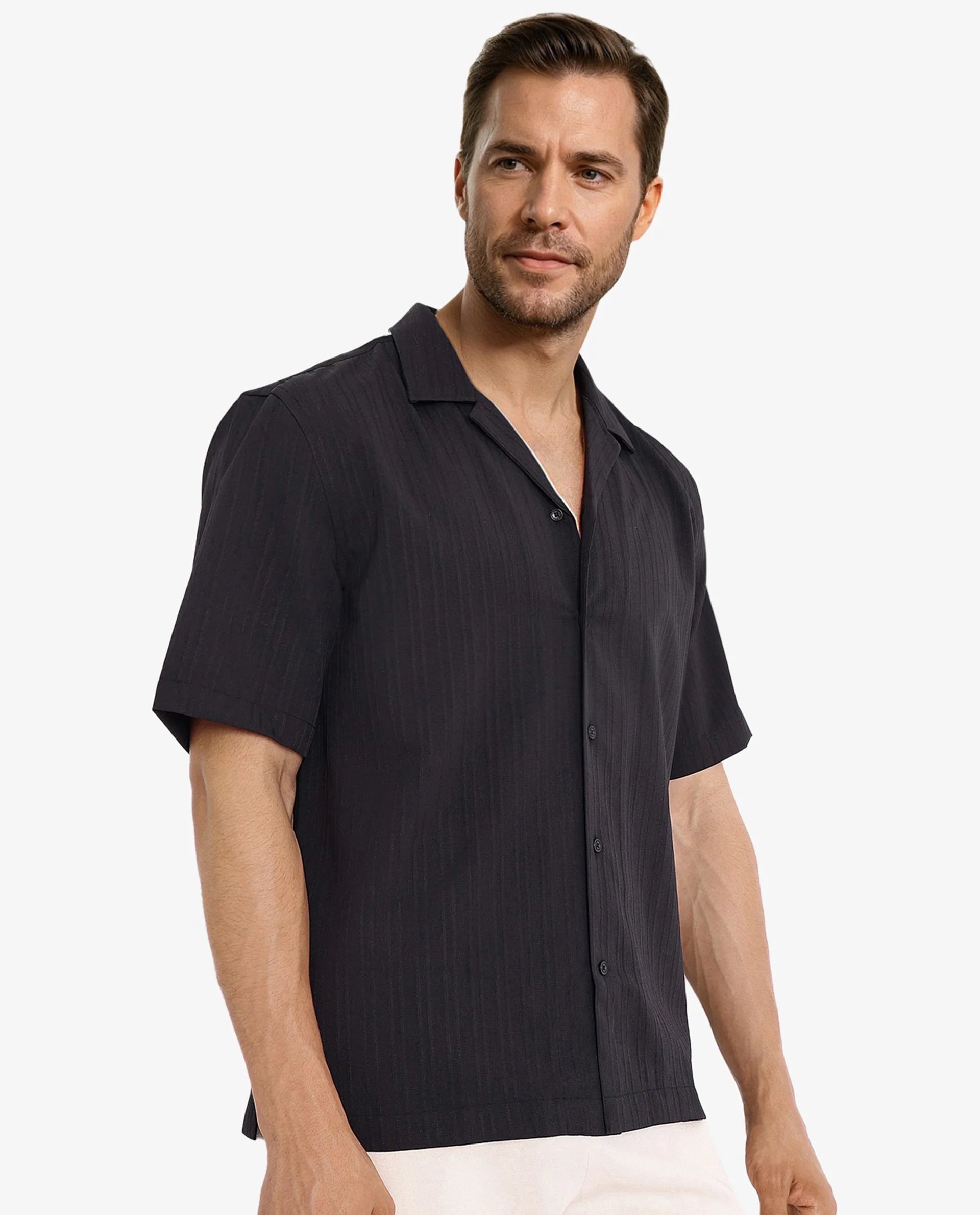 Rare Rabbit Men's Mirtilo Black Polyester Fabric Short Sleeve Cuban Collar Self Stripe Textured Shirt