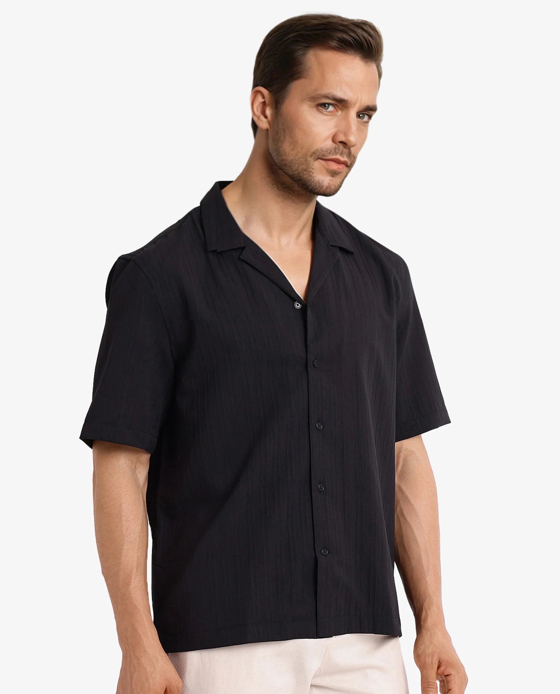 Rare Rabbit Men's Mirtilo Black Polyester Fabric Short Sleeve Cuban Collar Self Stripe Textured Shirt