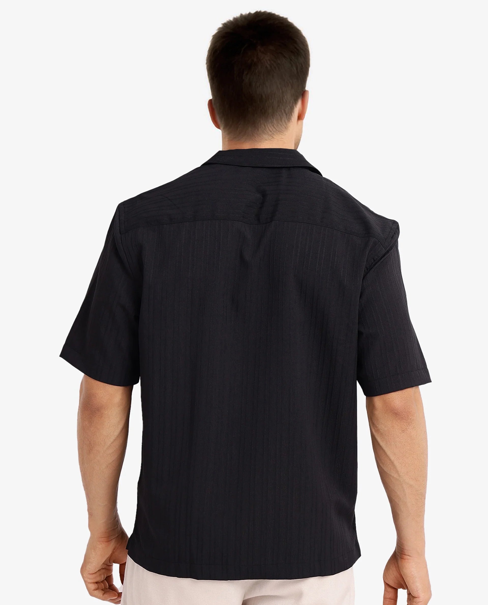 Rare Rabbit Men's Mirtilo Black Polyester Fabric Short Sleeve Cuban Collar Self Stripe Textured Shirt