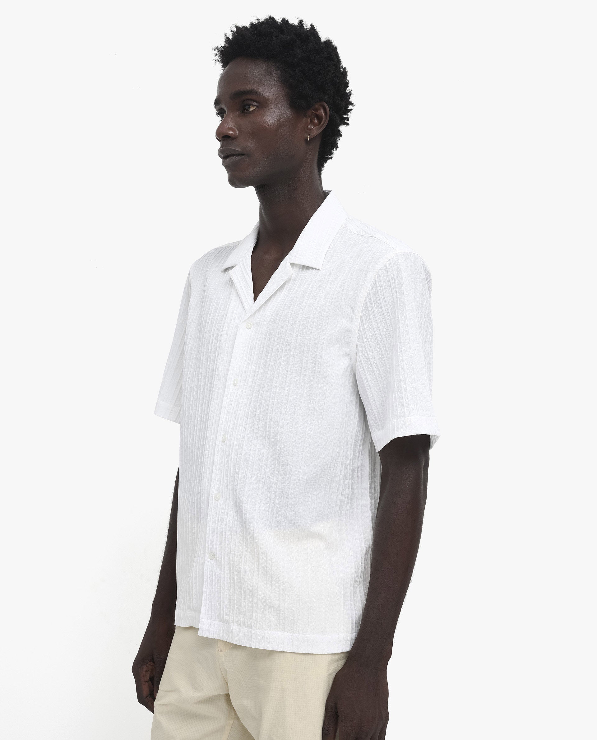 Rare Rabbit Men's Mirtilo White Polyester Fabric Short Sleeve Cuban Collar Self Stripe Textured Shirt