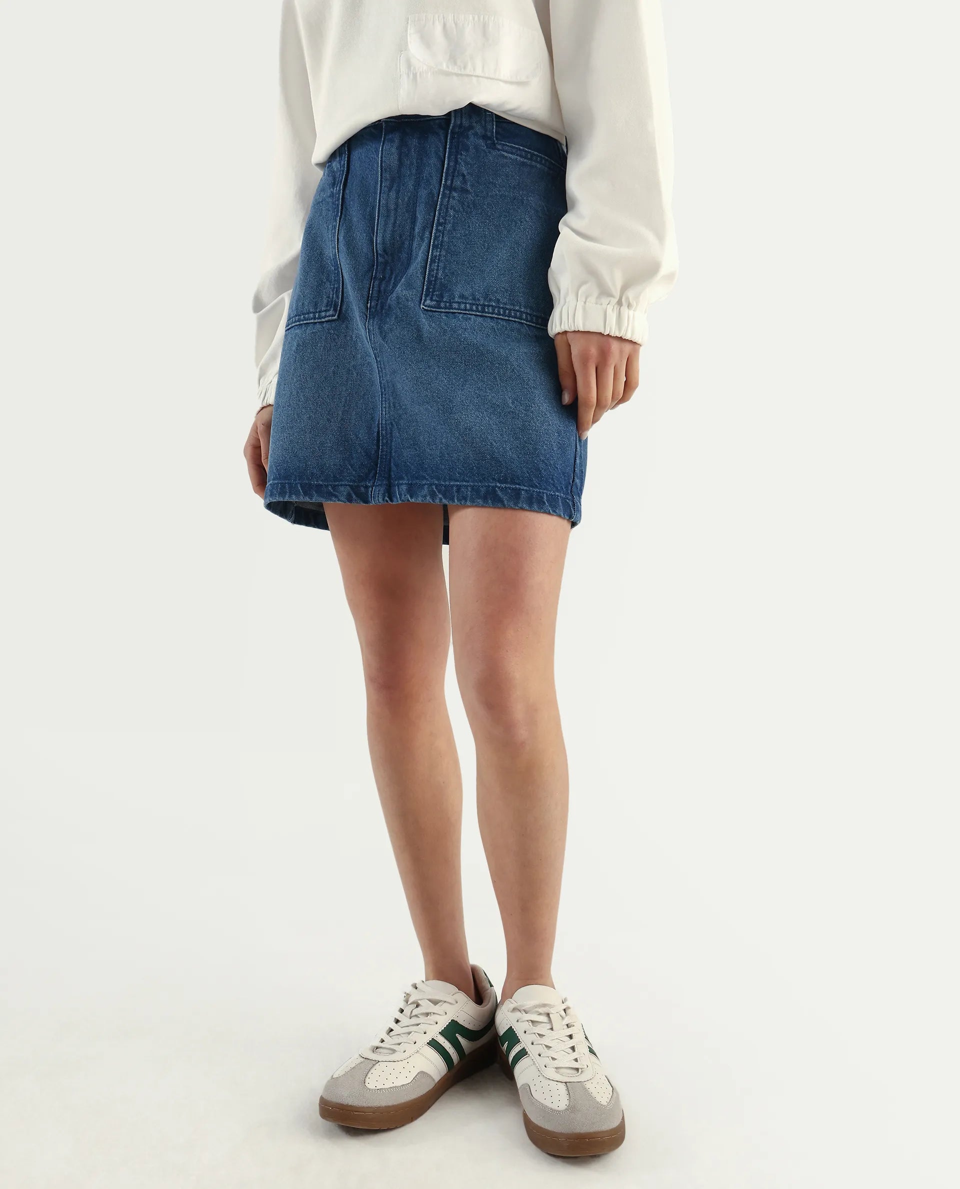 Rareism Women's Misky Blue Cotton Plain Mini Straight Fit Skirt