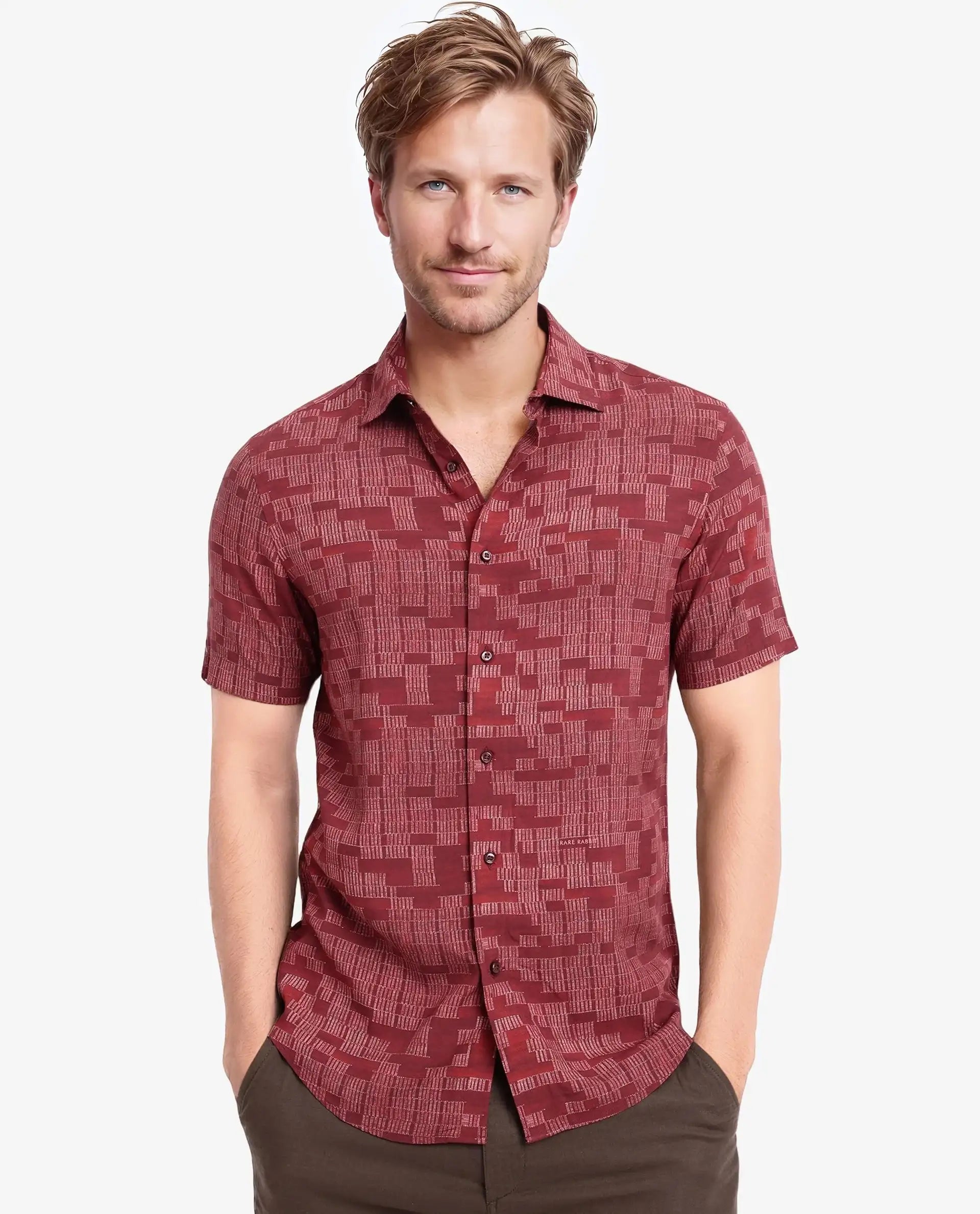 Rare Rabbit Men Mitho Red Half Sleeve Collared Neck Geometric Print Shirt