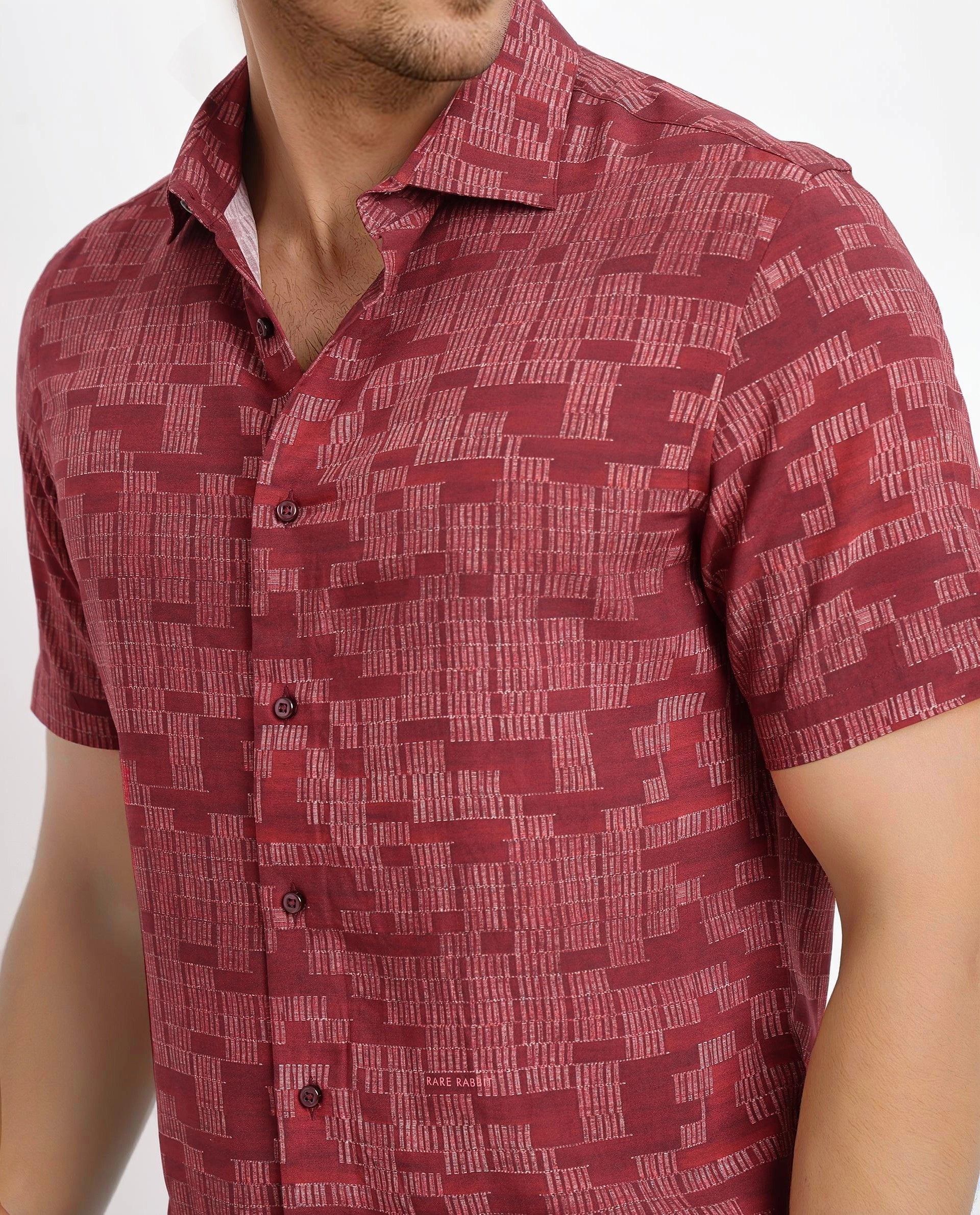 Rare Rabbit Men Mitho Red Half Sleeve Collared Neck Geometric Print Shirt