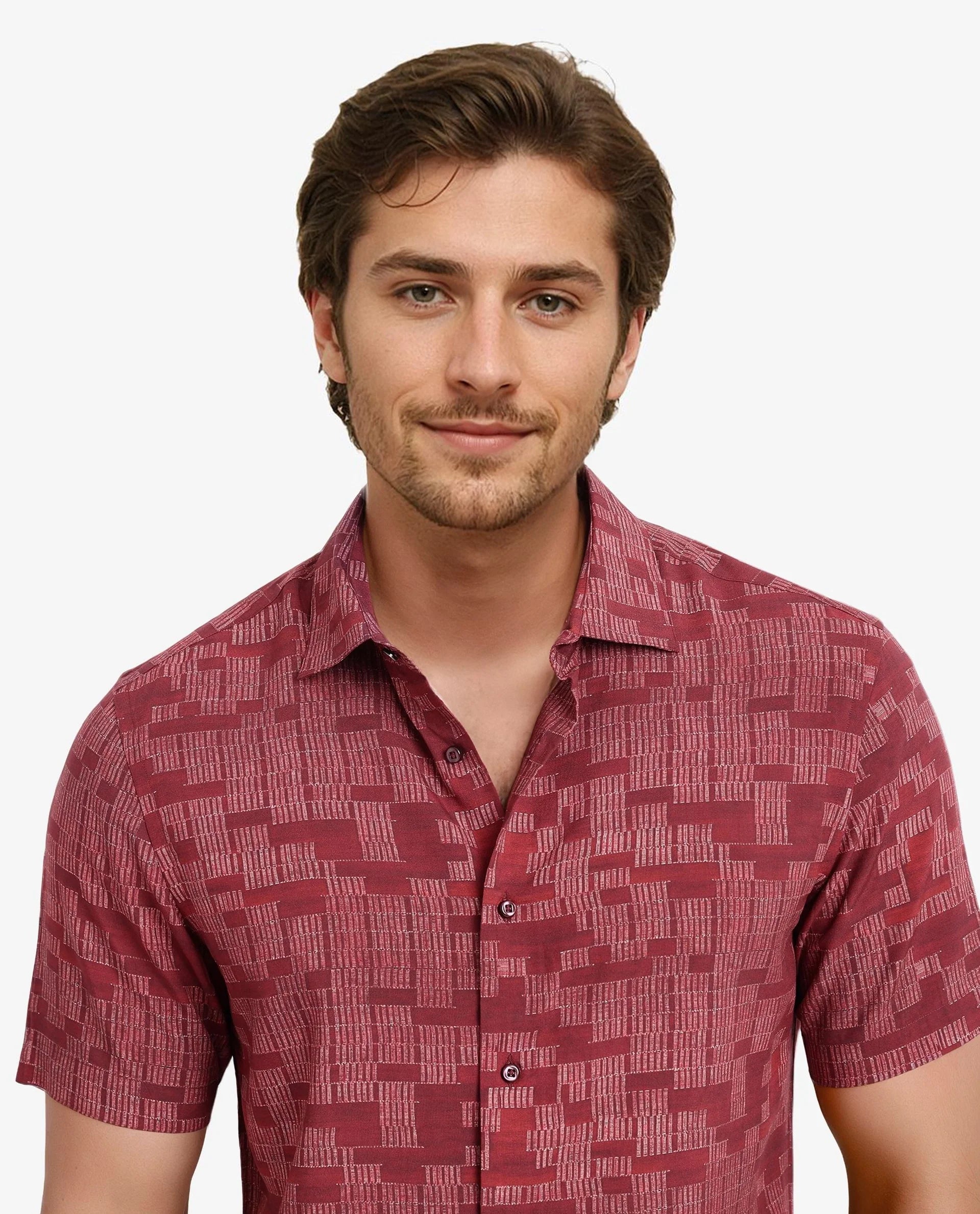 Rare Rabbit Men Mitho Red Half Sleeve Collared Neck Geometric Print Shirt
