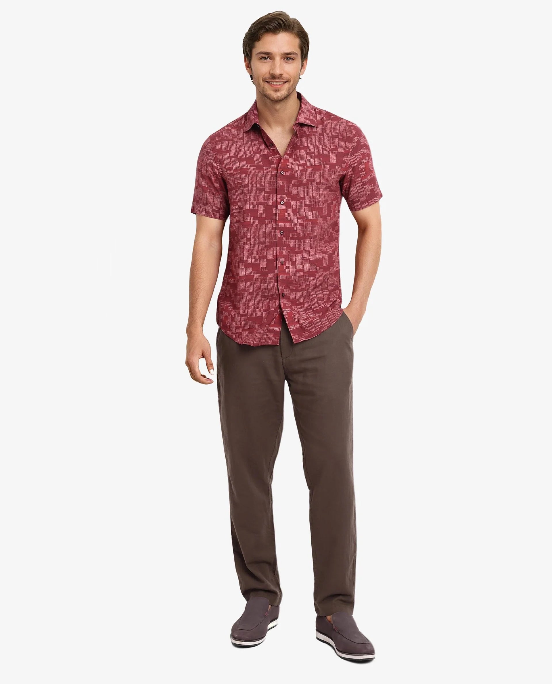 Rare Rabbit Men Mitho Red Half Sleeve Collared Neck Geometric Print Shirt