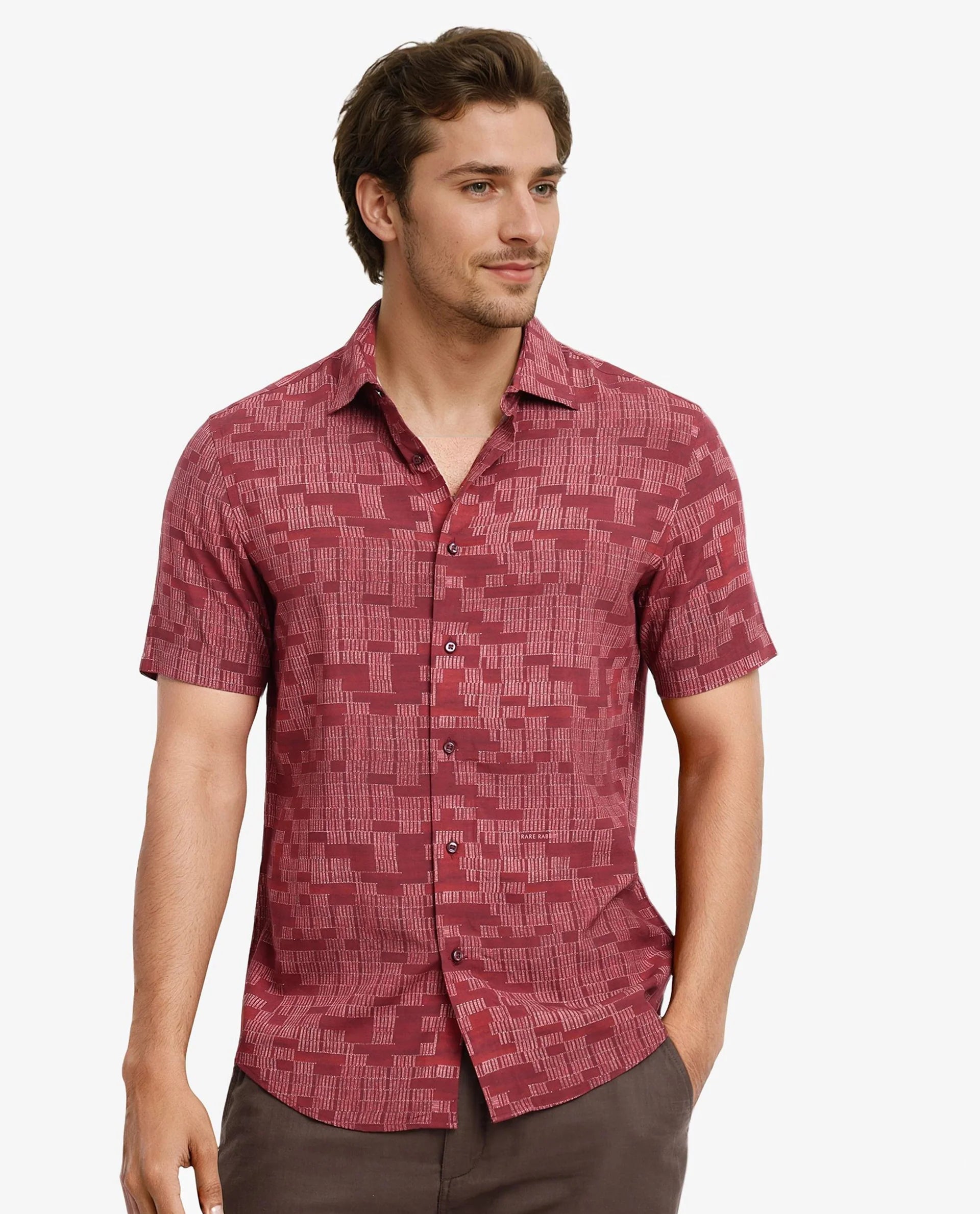 Rare Rabbit Men Mitho Red Half Sleeve Collared Neck Geometric Print Shirt