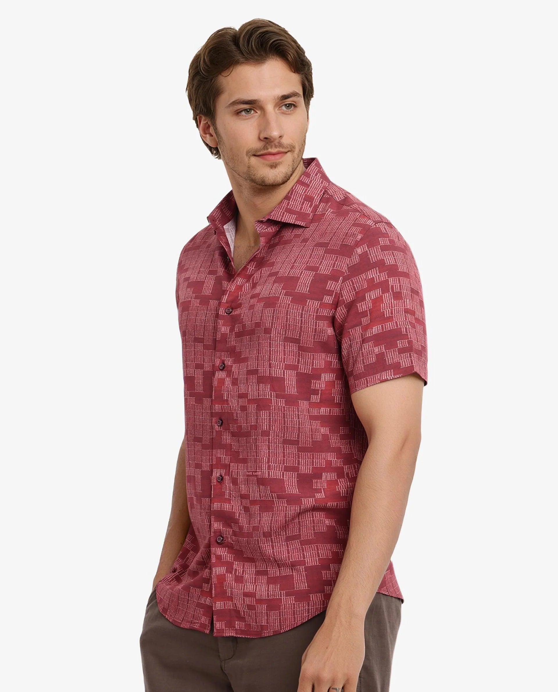 Rare Rabbit Men Mitho Red Half Sleeve Collared Neck Geometric Print Shirt