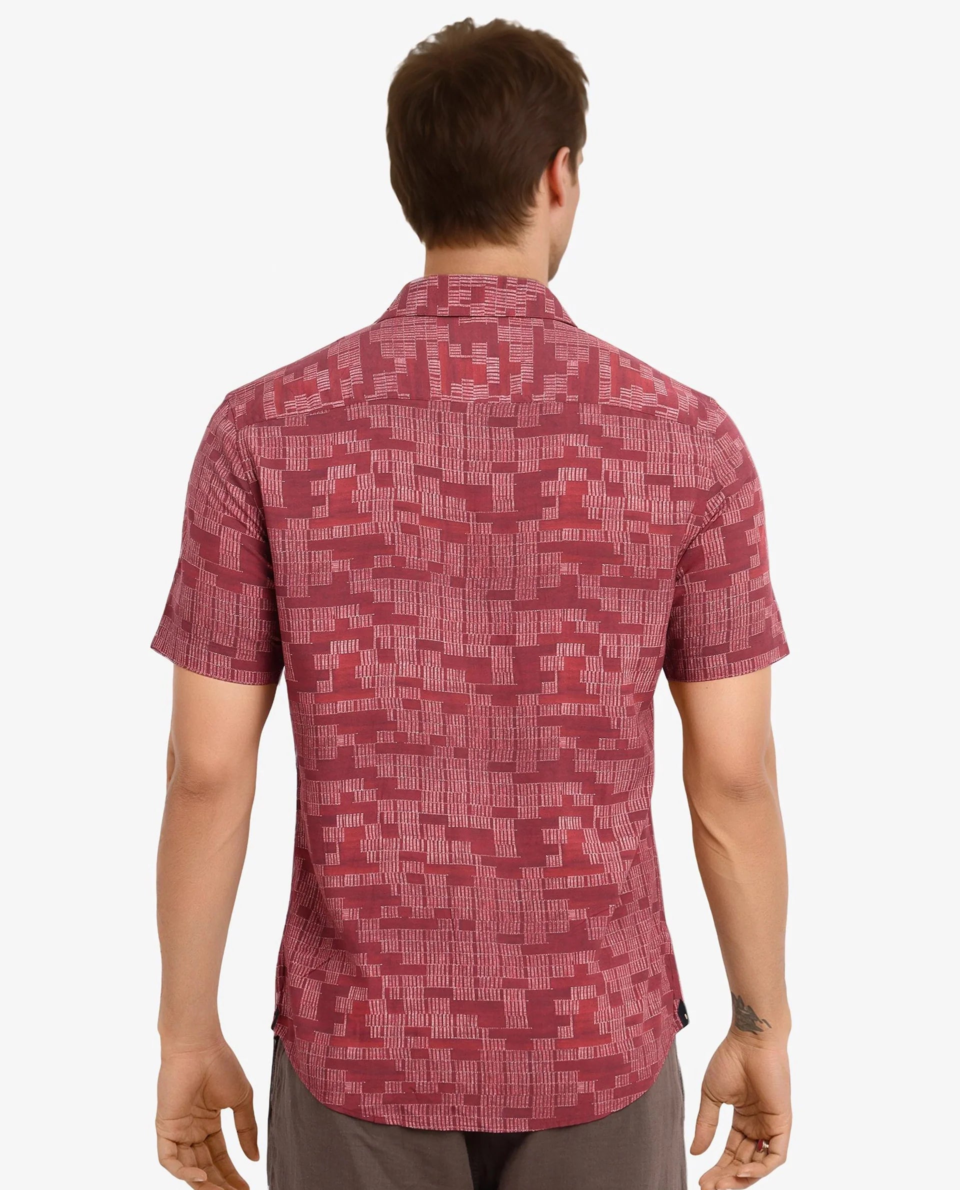 Rare Rabbit Men Mitho Red Half Sleeve Collared Neck Geometric Print Shirt