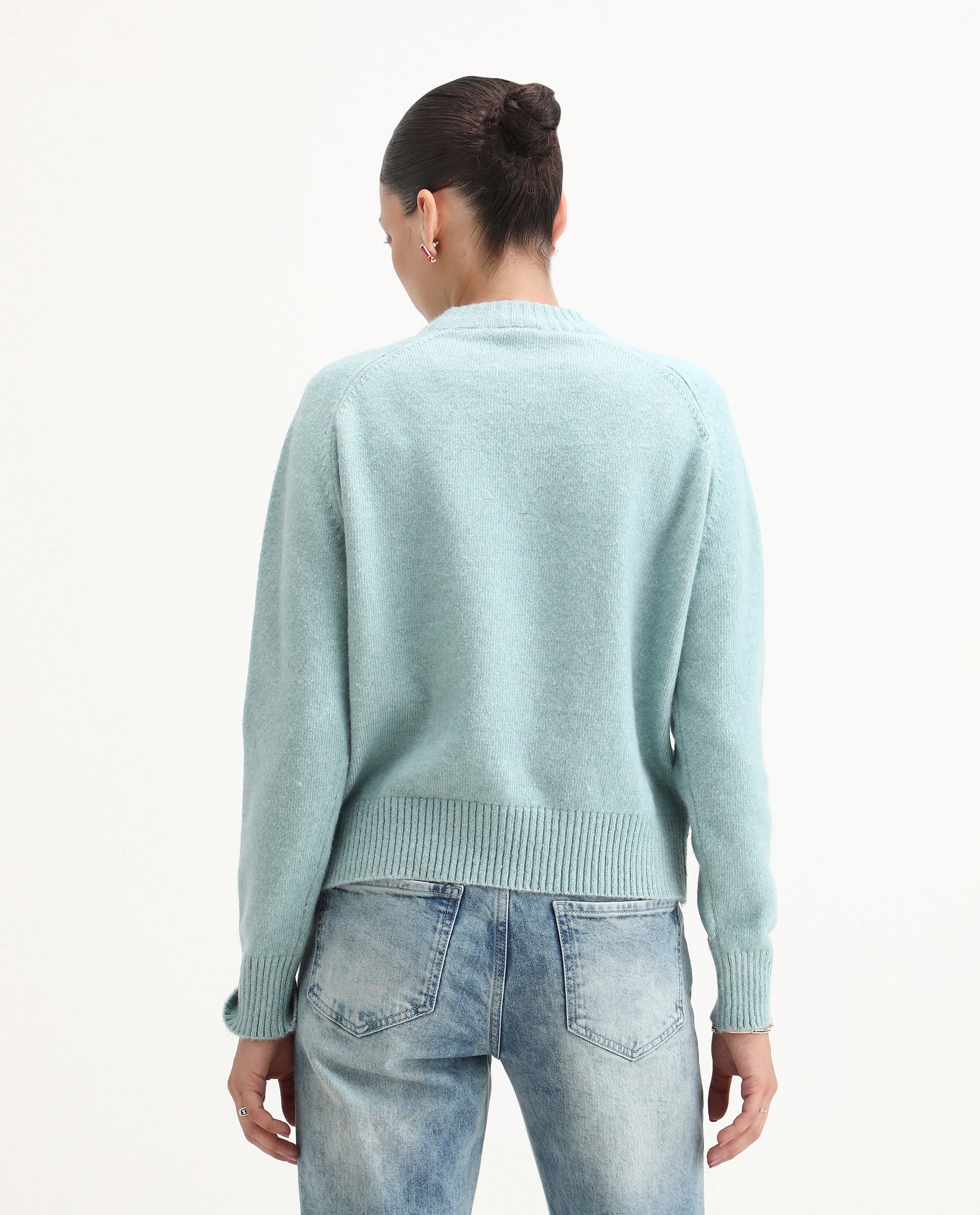 Rareism Women's Mitsu Light Blue Acrylic Blend Crew Neck Relaxed Fit Sweater