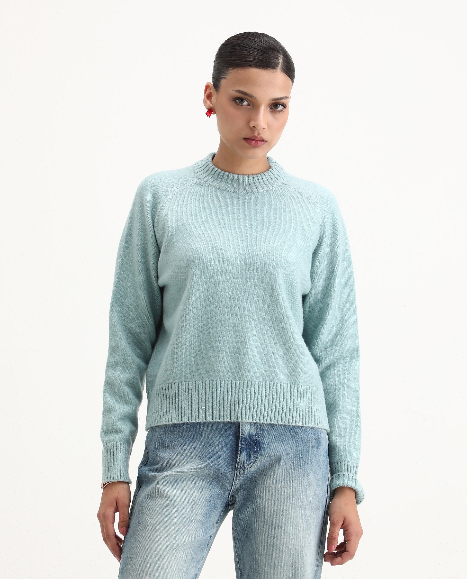 Rareism Women's Mitsu Light Blue Acrylic Blend Crew Neck Relaxed Fit Sweater