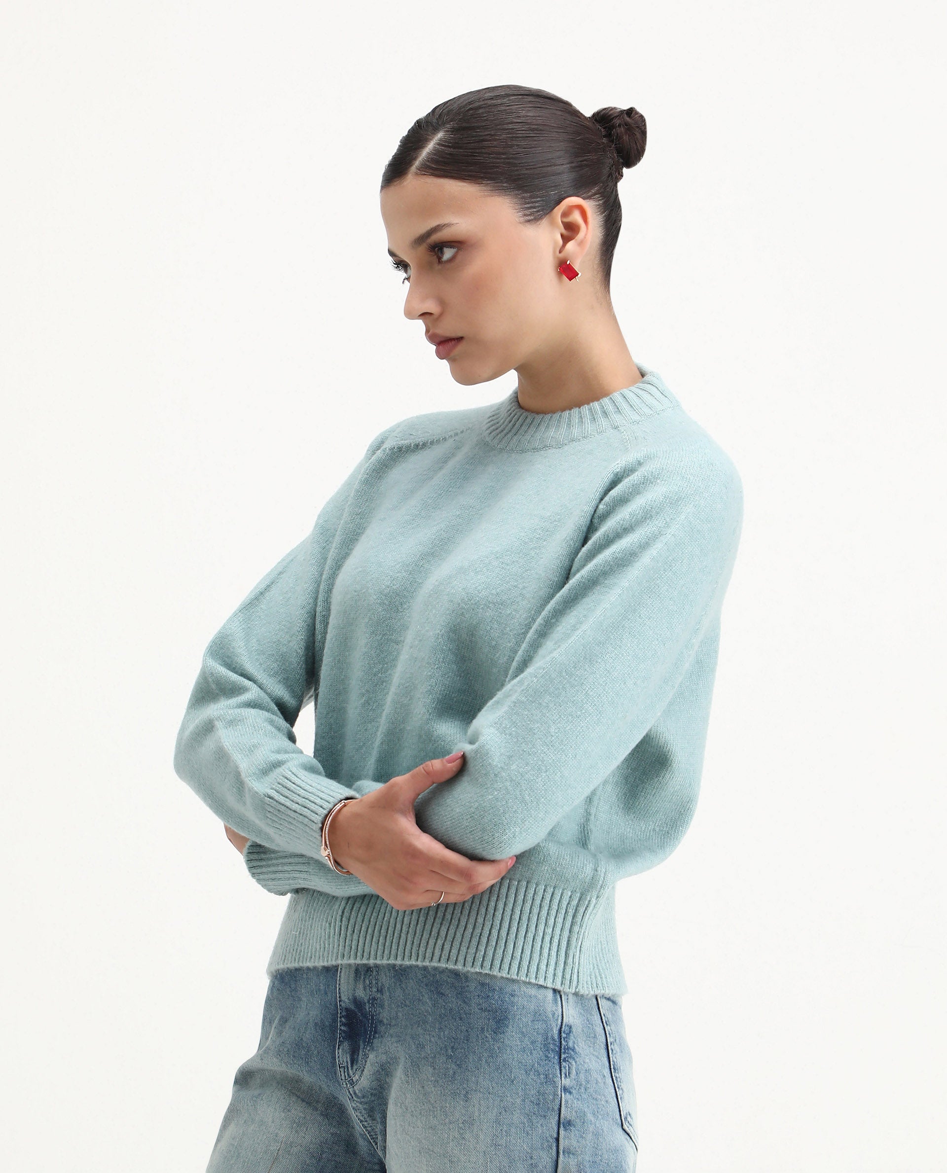 Rareism Women's Mitsu Light Blue Acrylic Blend Crew Neck Relaxed Fit Sweater