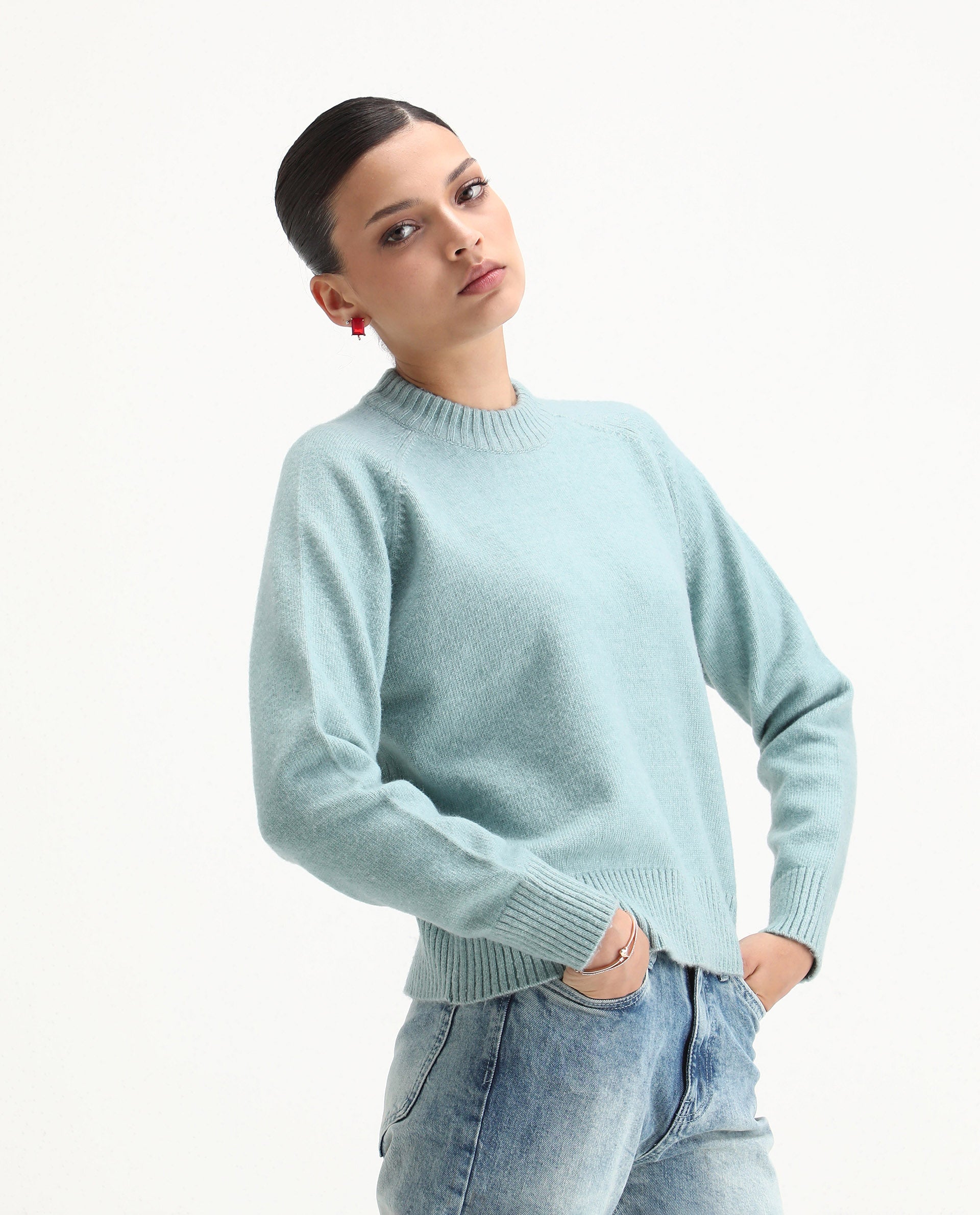 Rareism Women's Mitsu Light Blue Acrylic Blend Crew Neck Relaxed Fit Sweater
