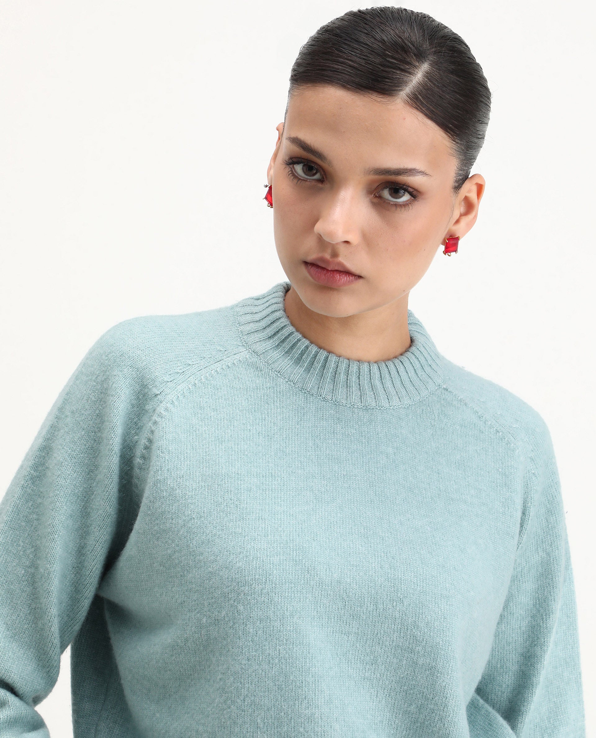 Rareism Women's Mitsu Light Blue Acrylic Blend Crew Neck Relaxed Fit Sweater